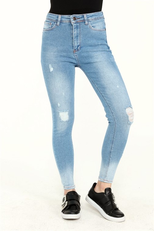 Kadın Açık Mavi Likralı Yüksek Bel Skinny Jean