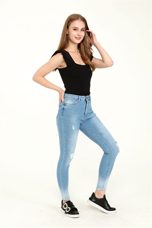 Kadın Açık Mavi Likralı Yüksek Bel Skinny Jean