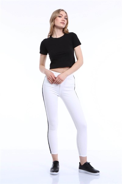 Yan Şerit Detay Jean pantolon Beyaz