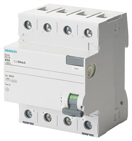Siemens 5SV4346-0 Hata Akımı Koruma Anahtarı-Fı (Kaçak Akım Koruma Rölesi); 63A; 400V; 30Ma; Trifaze; 3Faz+Nötr; 70Mm