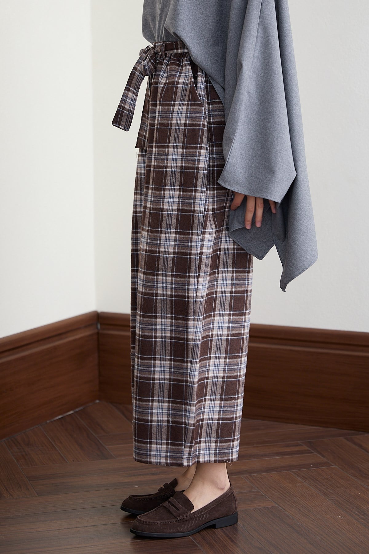 Beli Kemerli Ekose Pantolon - KAHVE
