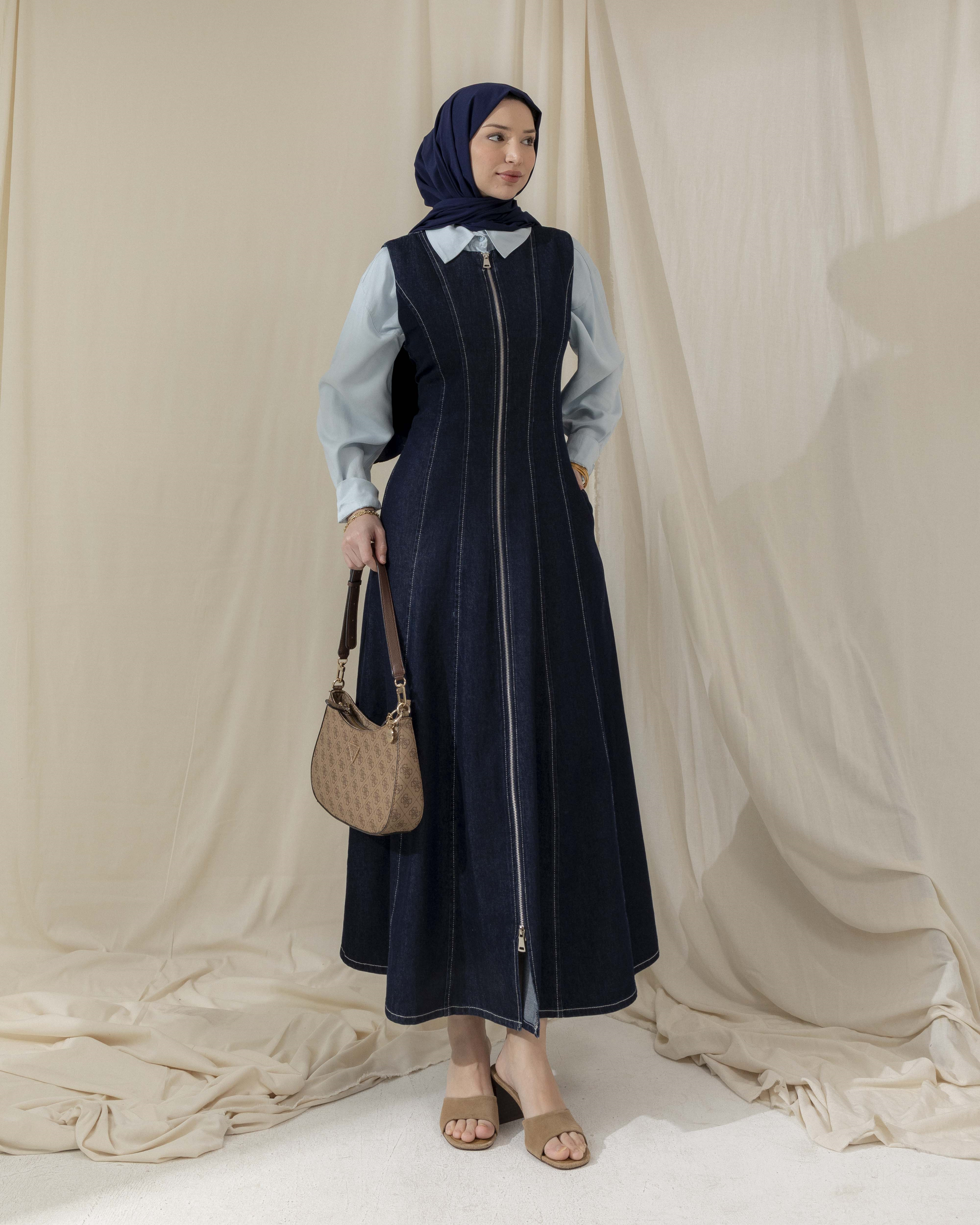 Boydan Fermuarlı Lacivert Denim Jile