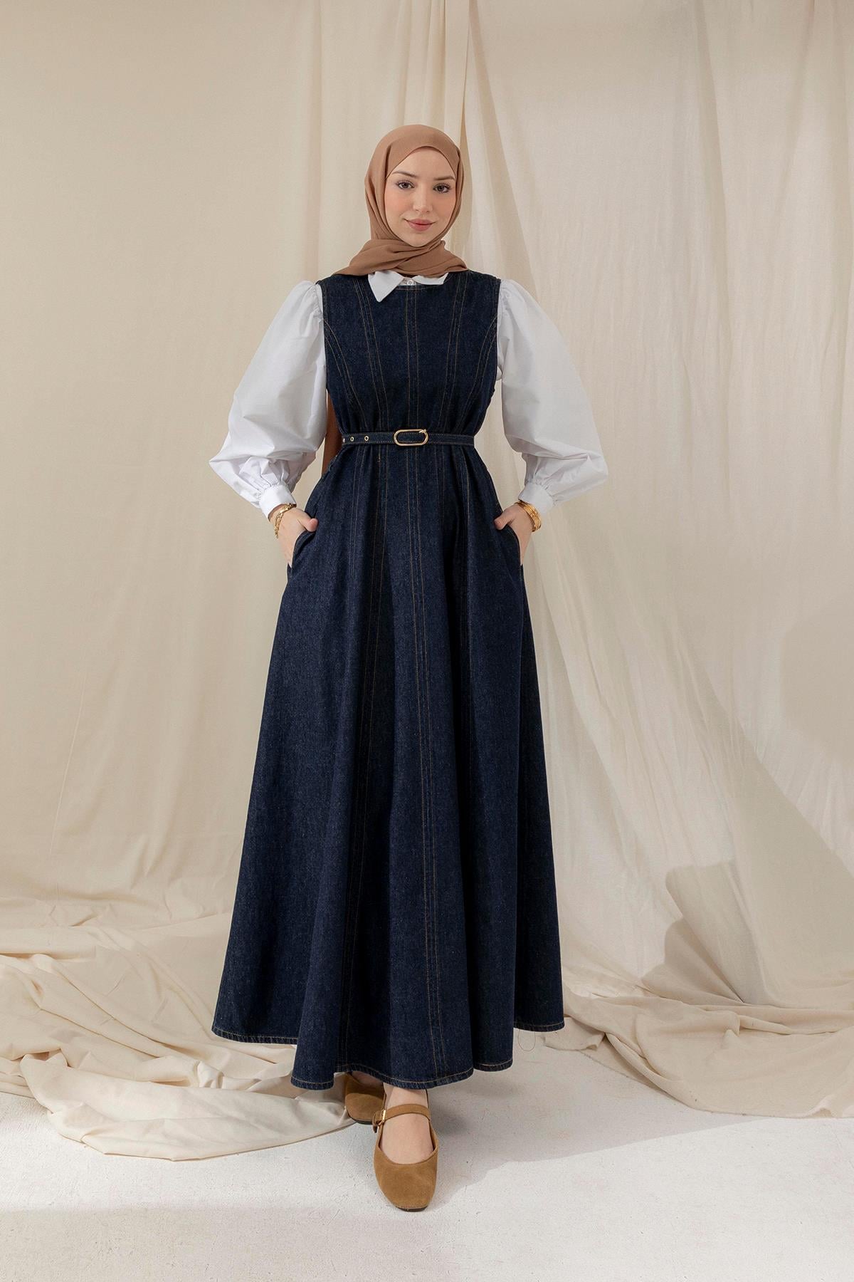 Dikiş Detaylı Kemerli Lacivert Denim Jile
