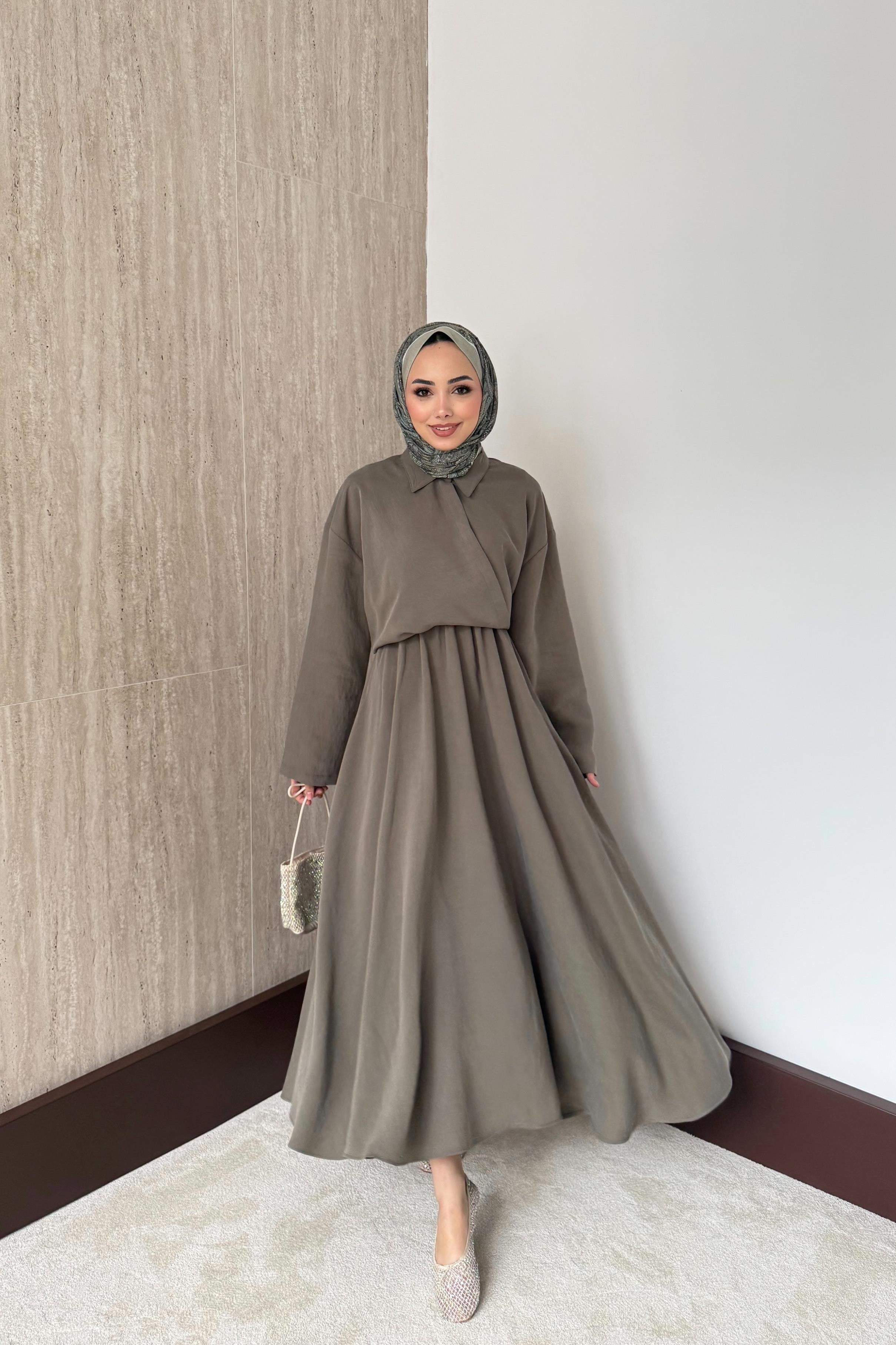 Gömlekli Modal Elbise - Haki