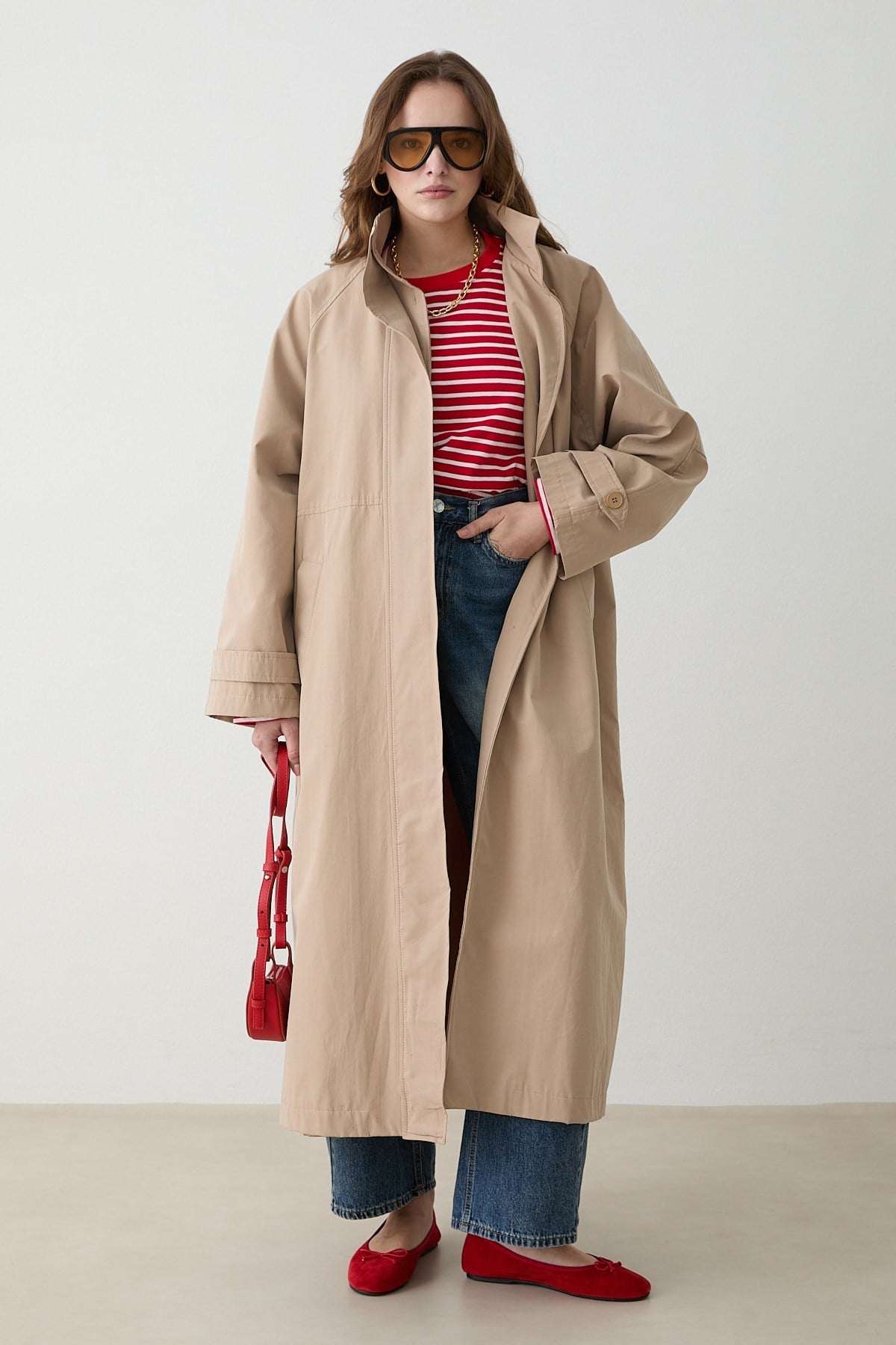 Kuşaklı Oversize Trençkot - Bej