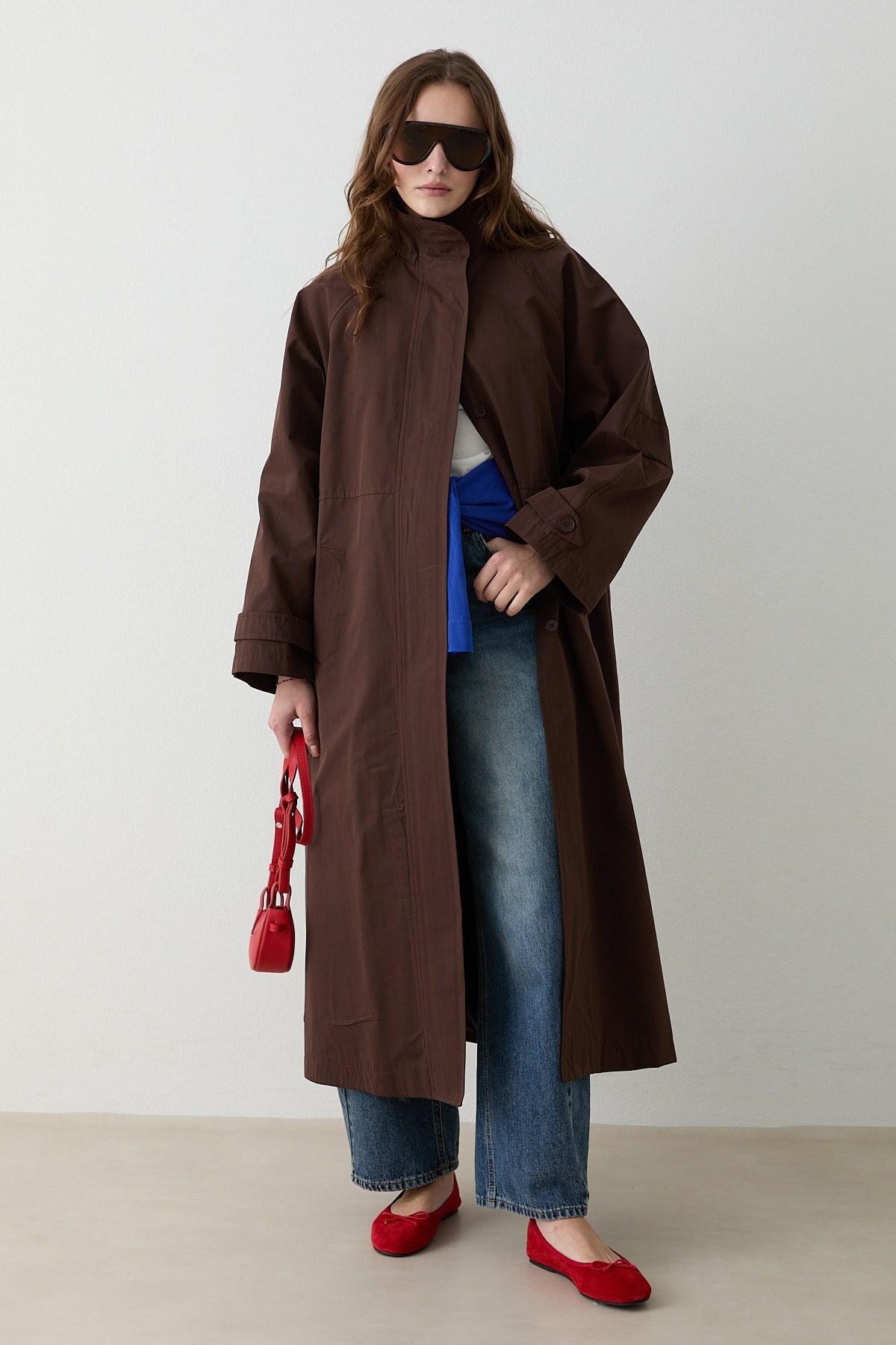 Kuşaklı Oversize Trençkot - Kahve