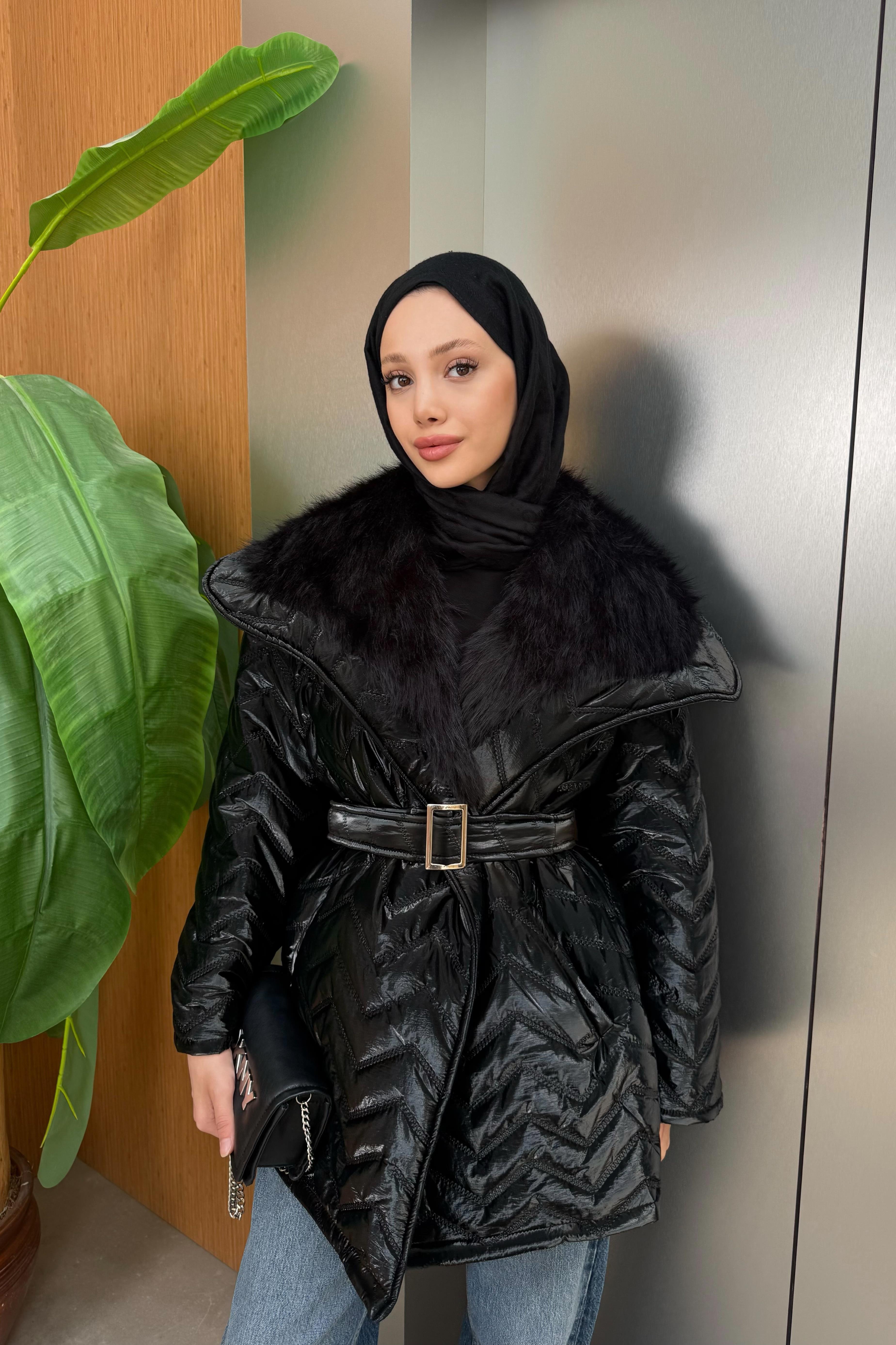 PREMIUM KÜRK YAKALI MONT SİYAH