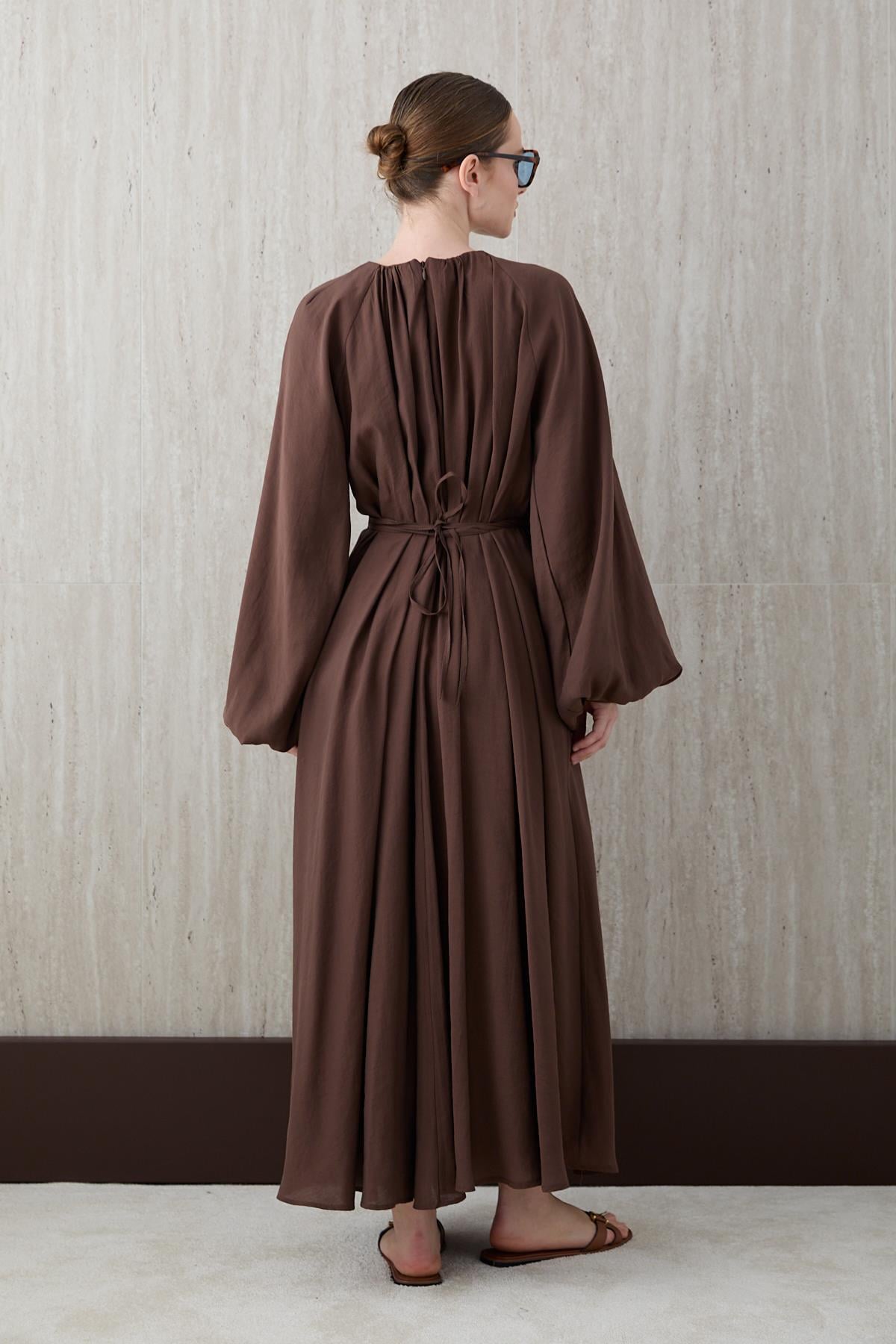 Balon Kol Modal Elbise - Kahve