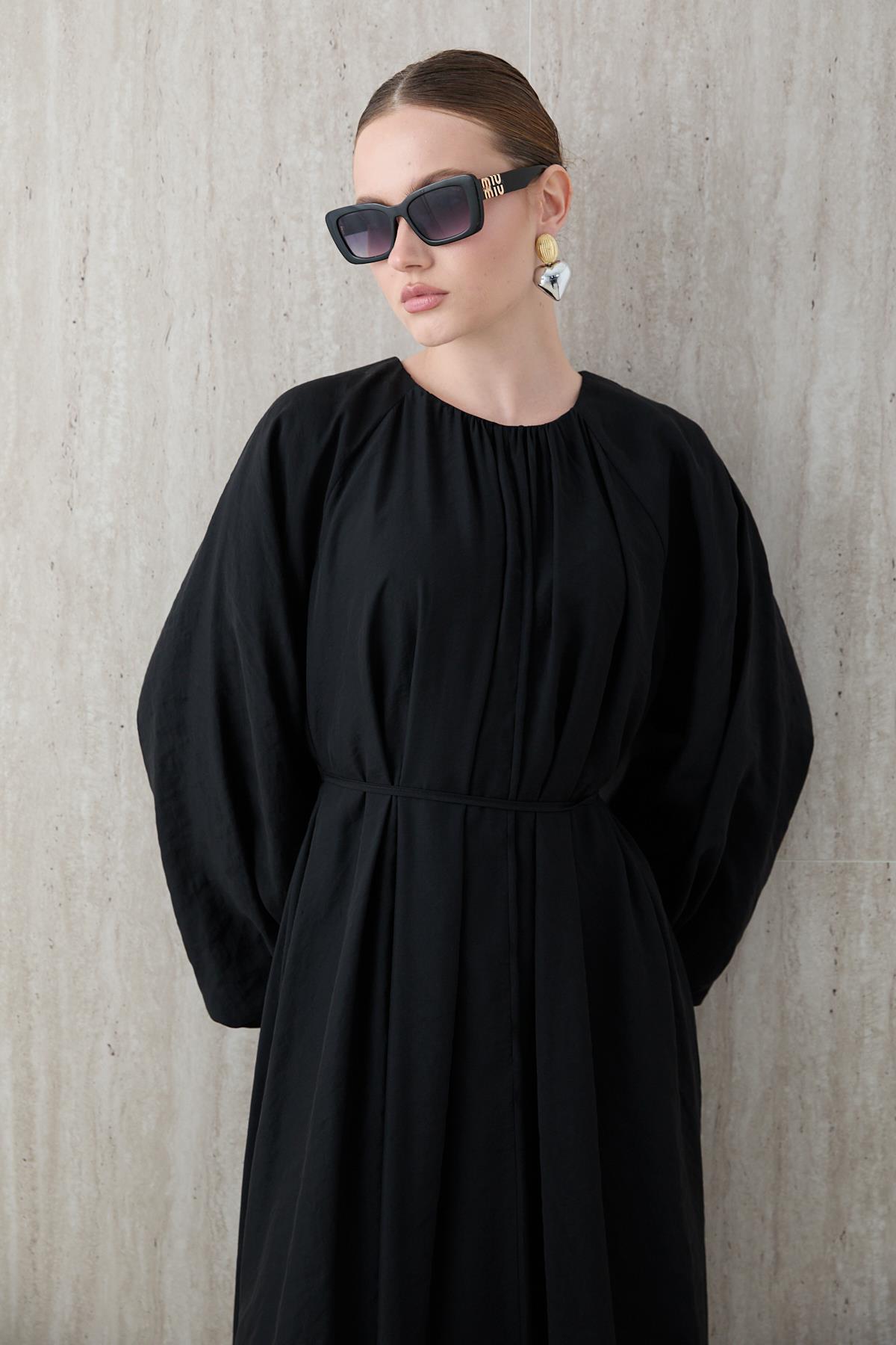 Balon Kol Modal Elbise - Siyah