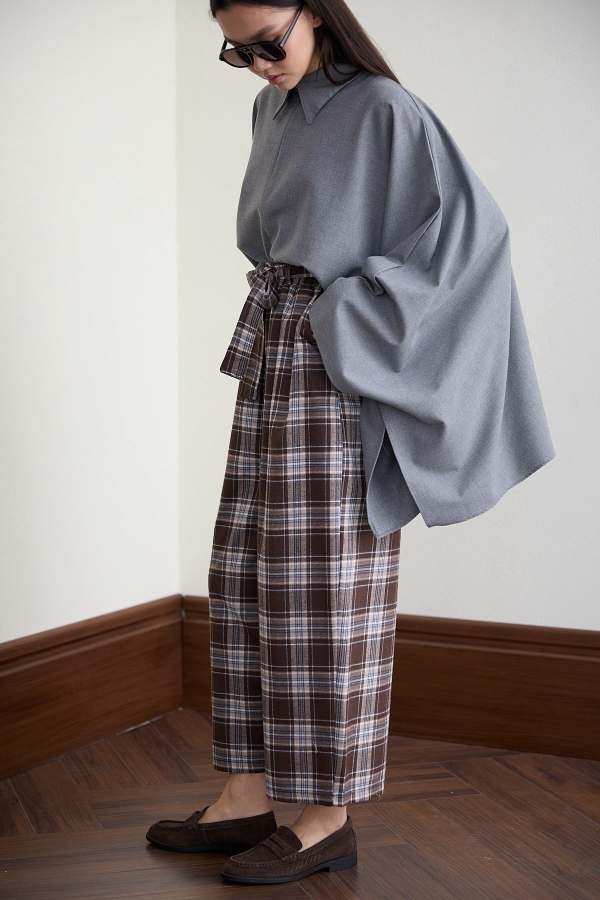 Beli Kemerli Ekose Pantolon - KAHVE