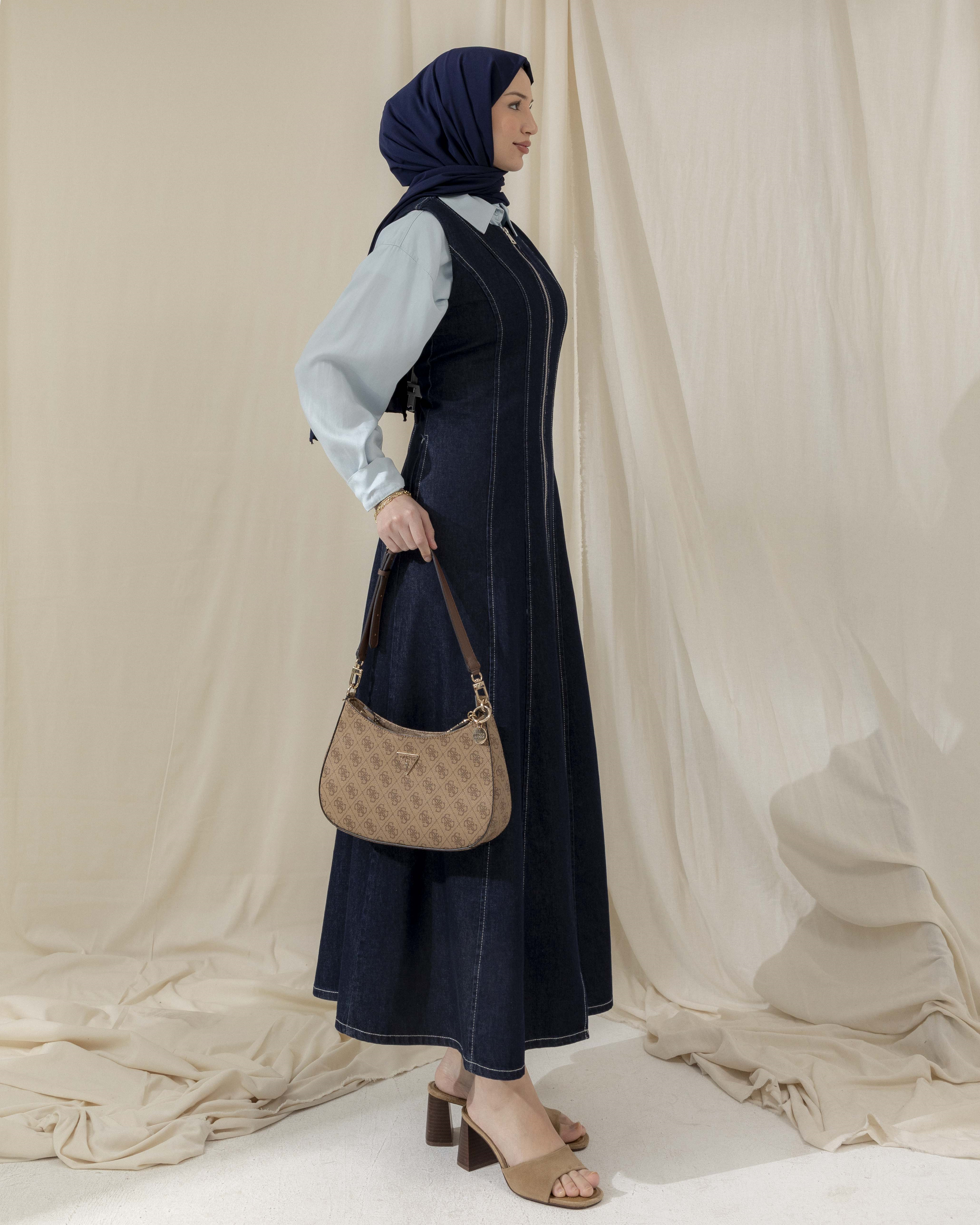Boydan Fermuarlı Lacivert Denim Jile