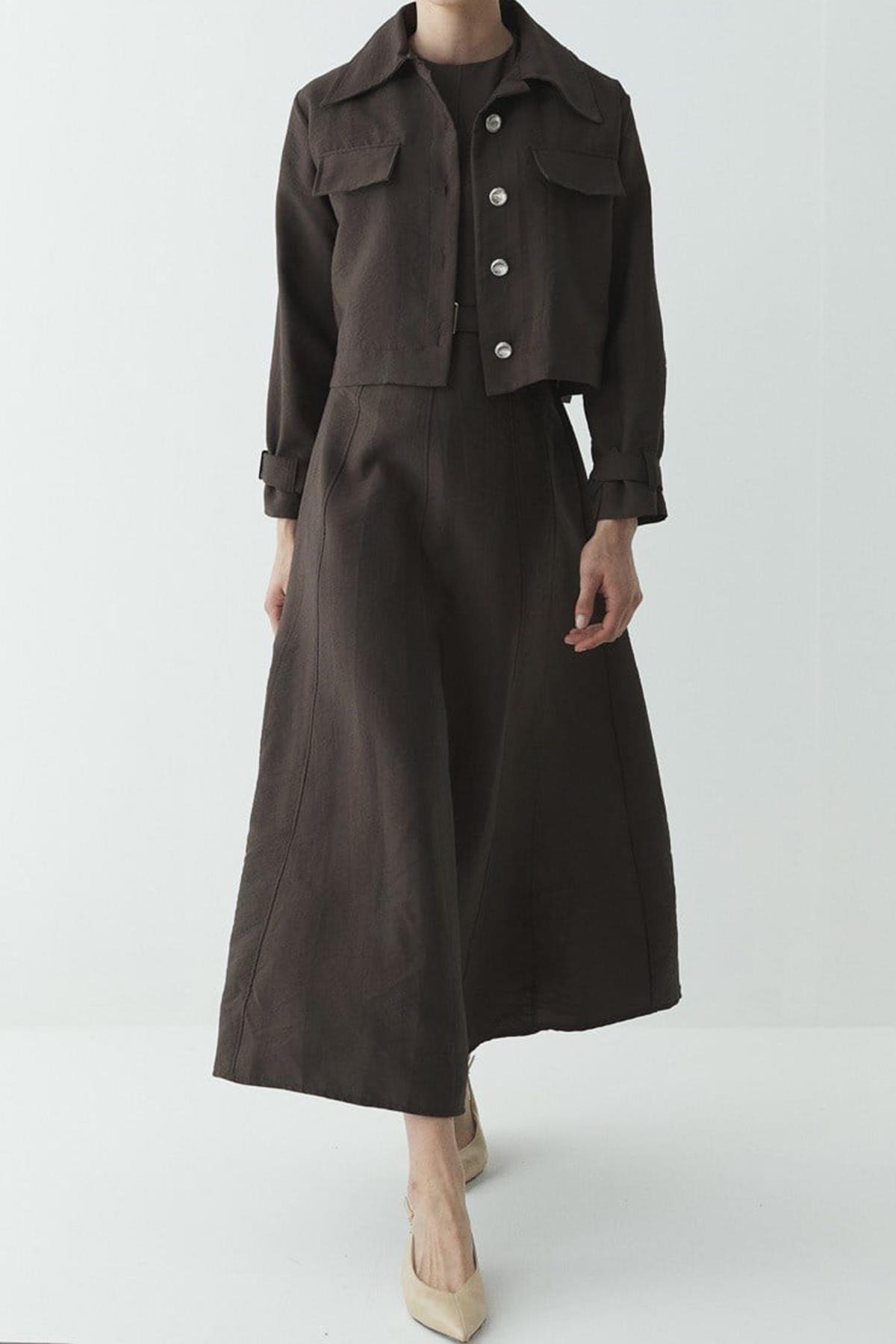 CEKETLİ CUPRA JİLE ELBİSE KAHVE