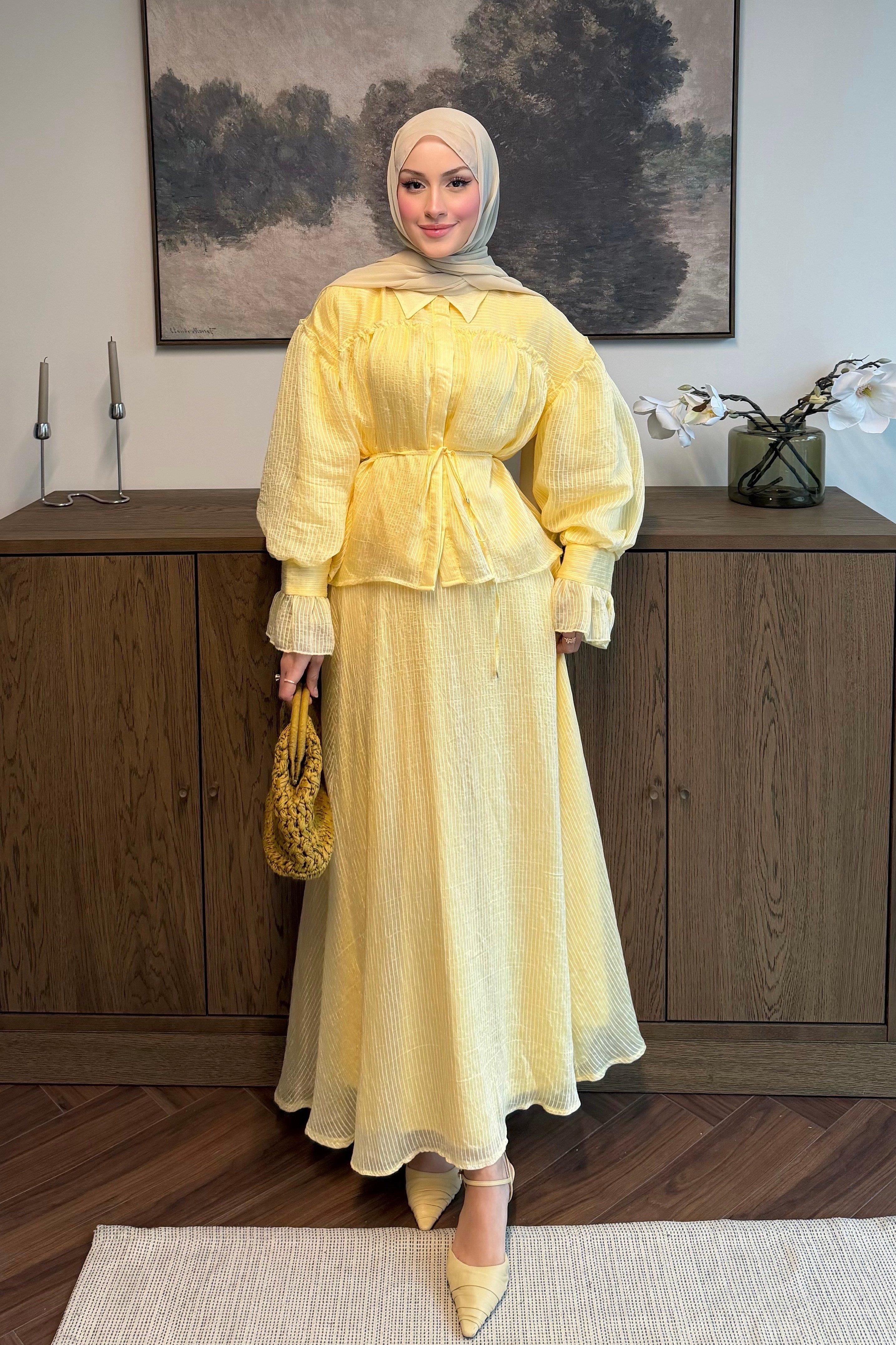 Çizgi Armürlü Tül Tencel Takım Butter Yellow