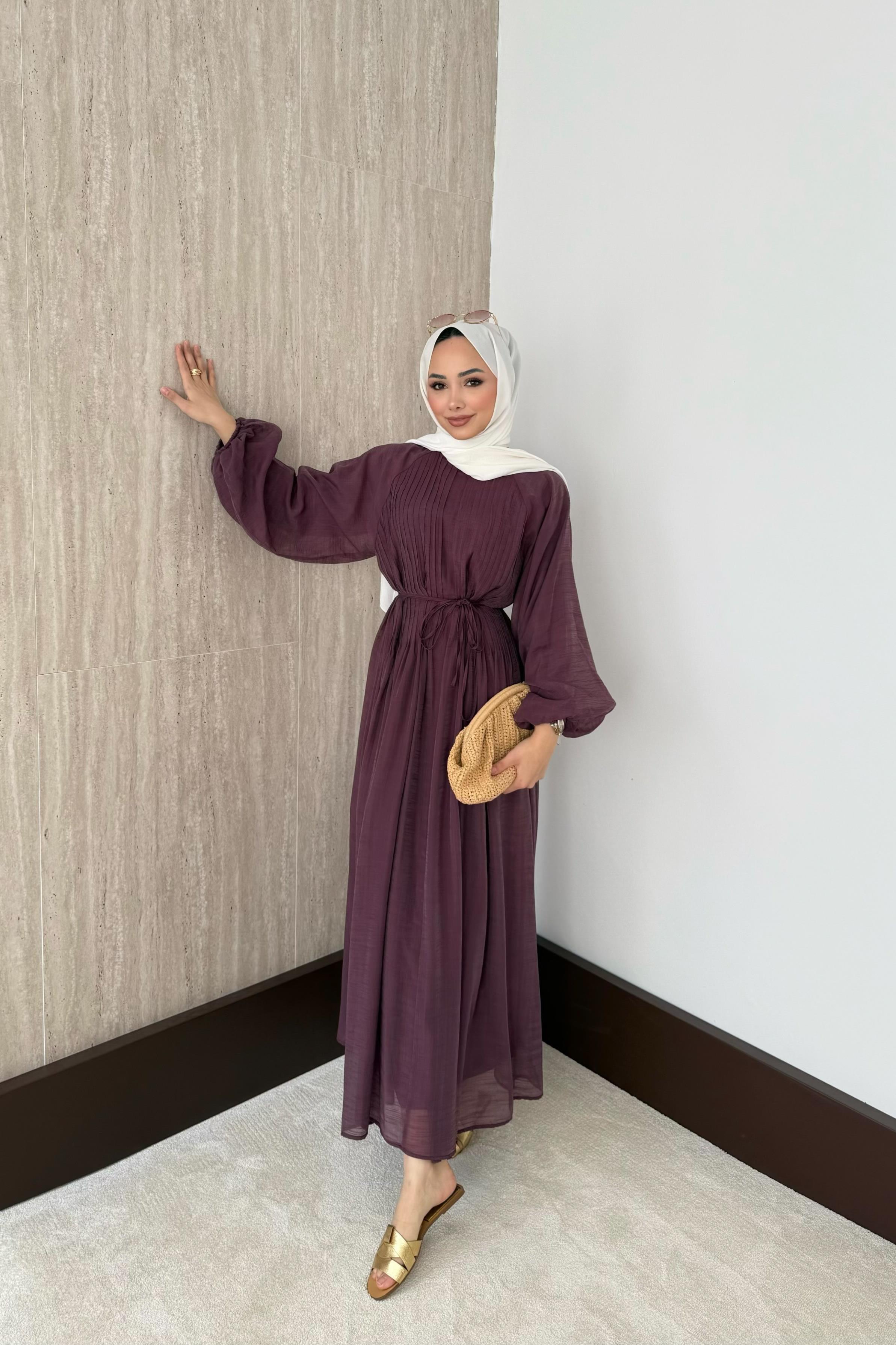 Nervürlü Vual Elbise - Mürdüm