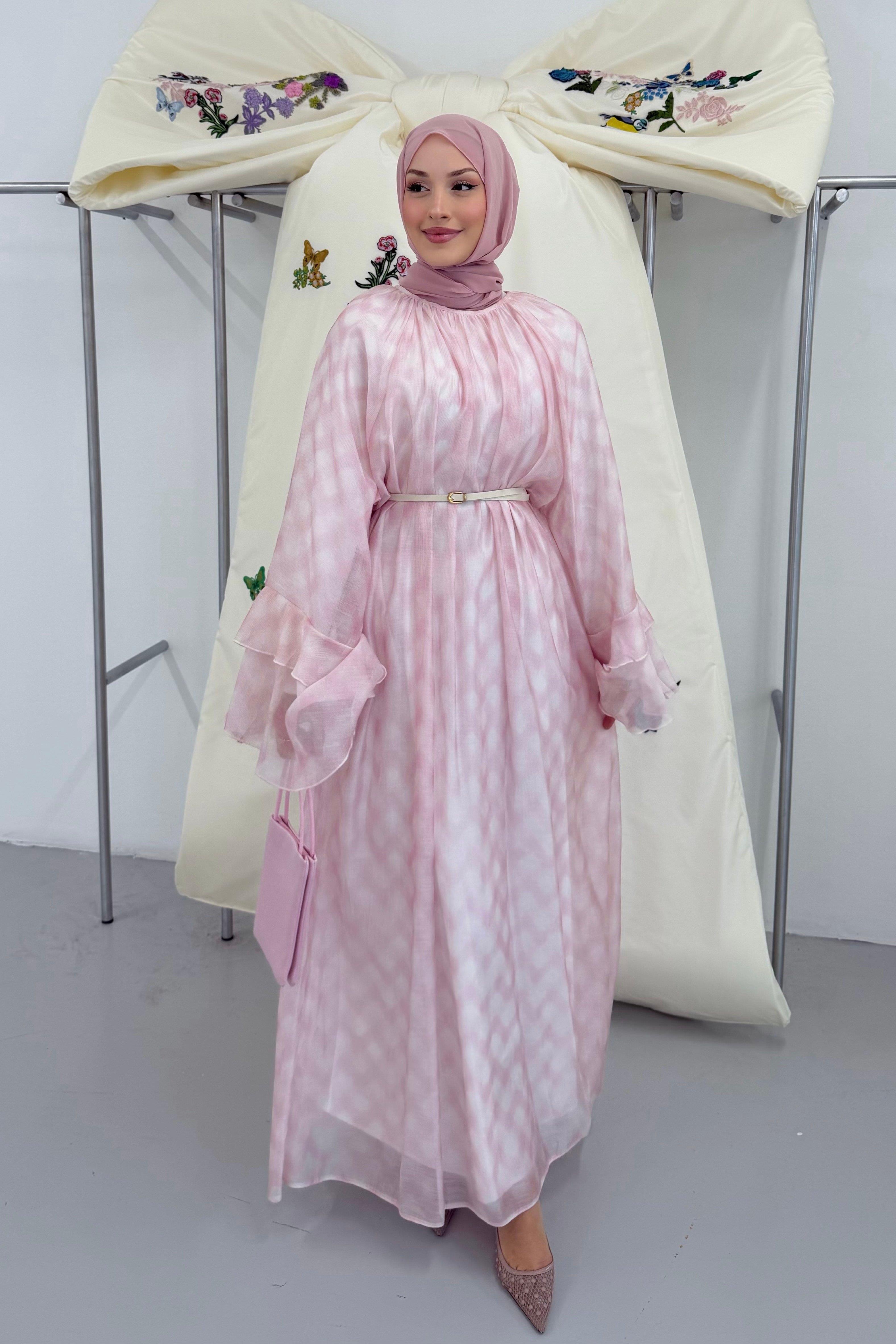 Sakura Kolları Fırfırlı Elbise Pembe