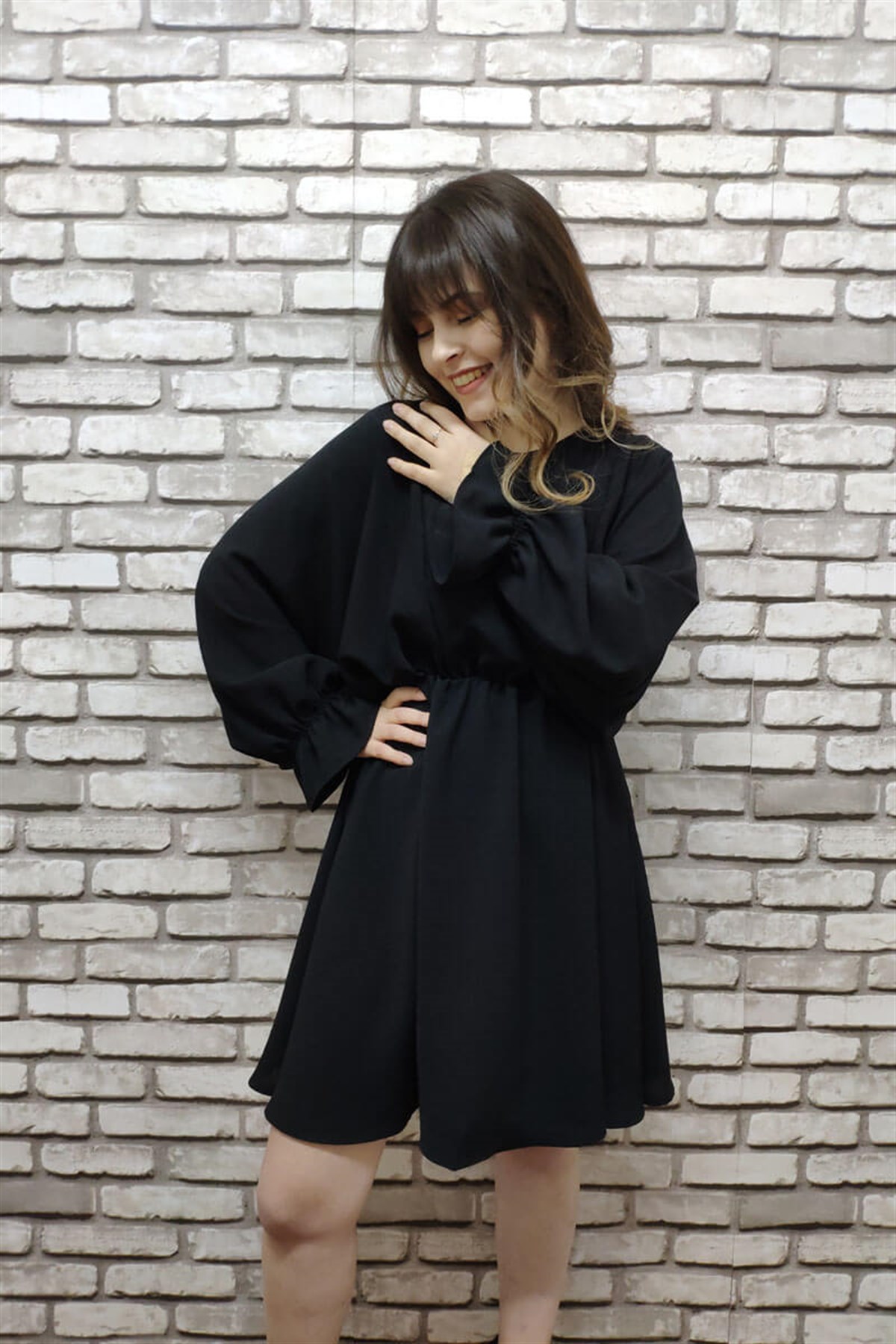 Yarasa Kol Mini Elbise - Siyah