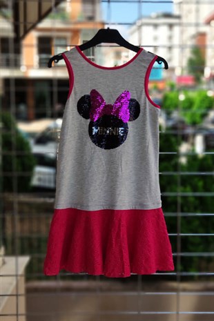 Payetli Minnie Mouse Askılı Elbise