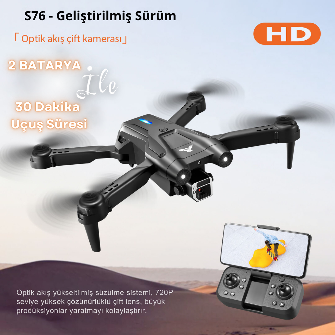 S76 Drone FIRÇASIZ MOTOR 2 BATARYA ile 30 DAKİKA UÇUŞ SÜRESİ Hd 720p Çift Kameralı Taşıma Çantalı