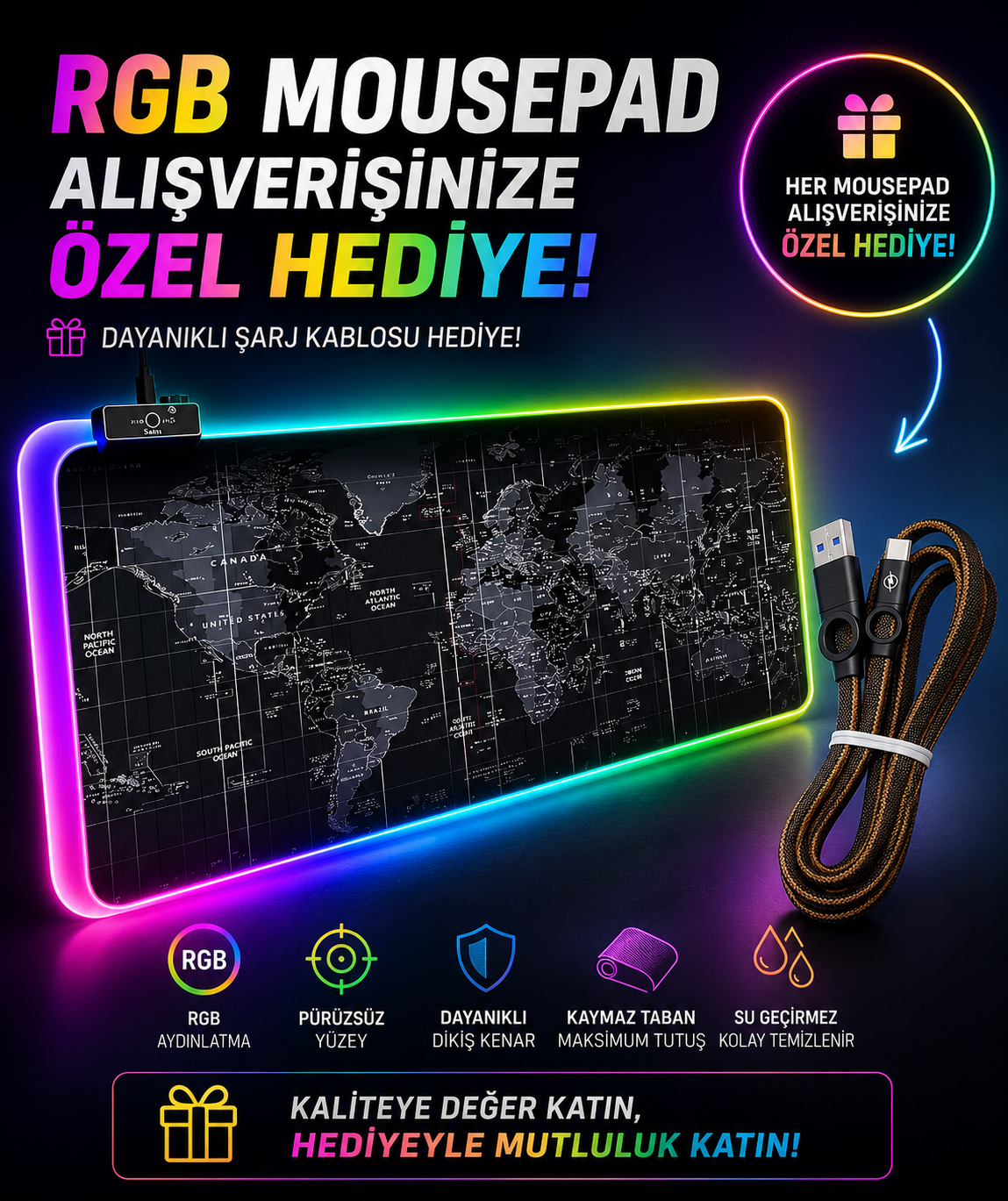 Dalong Dünya Haritalı RGB LED Işıklı Mouse Pad (90x40 cm)