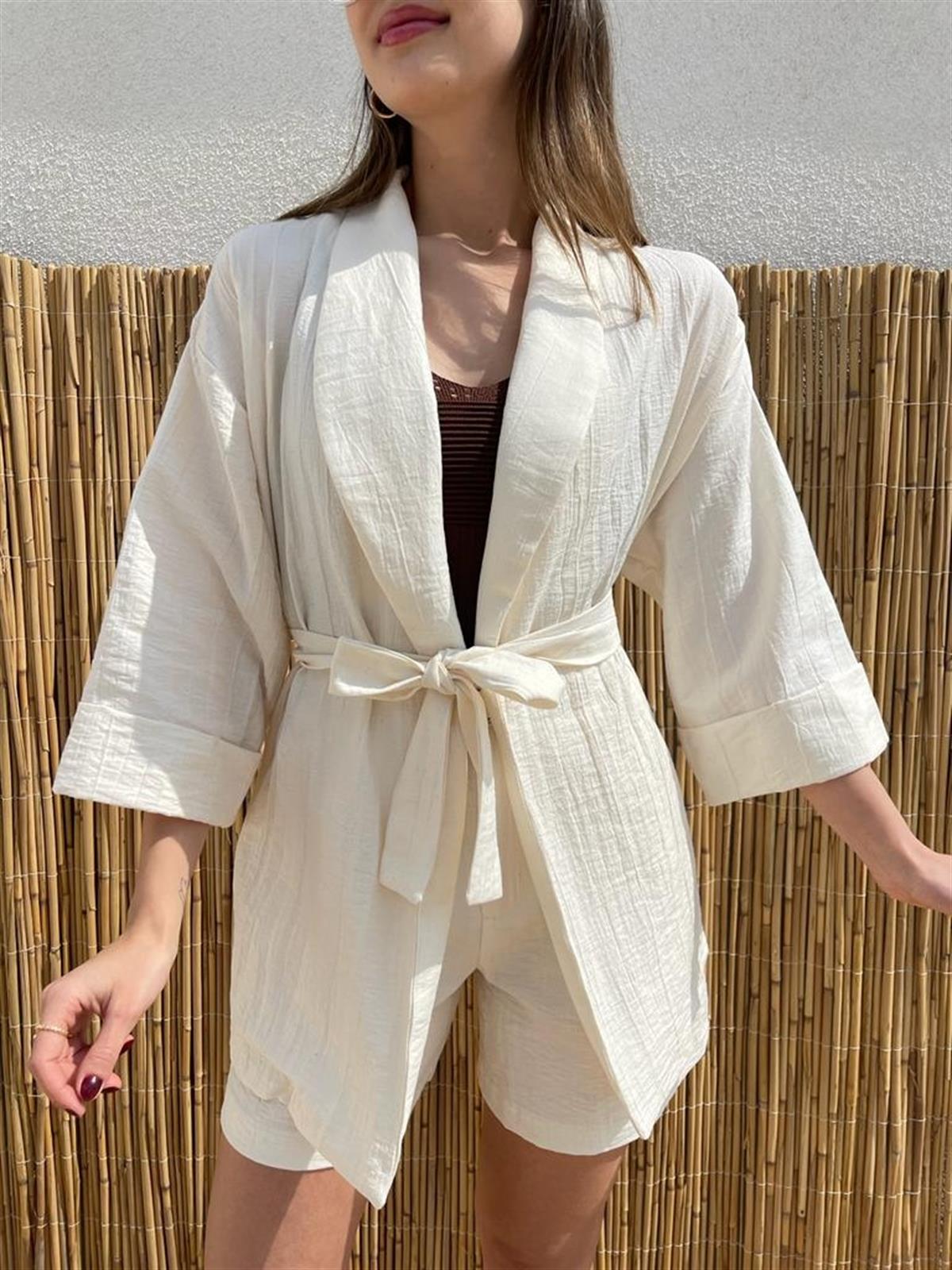 Ekru Şal Yaka Kimono Ceket