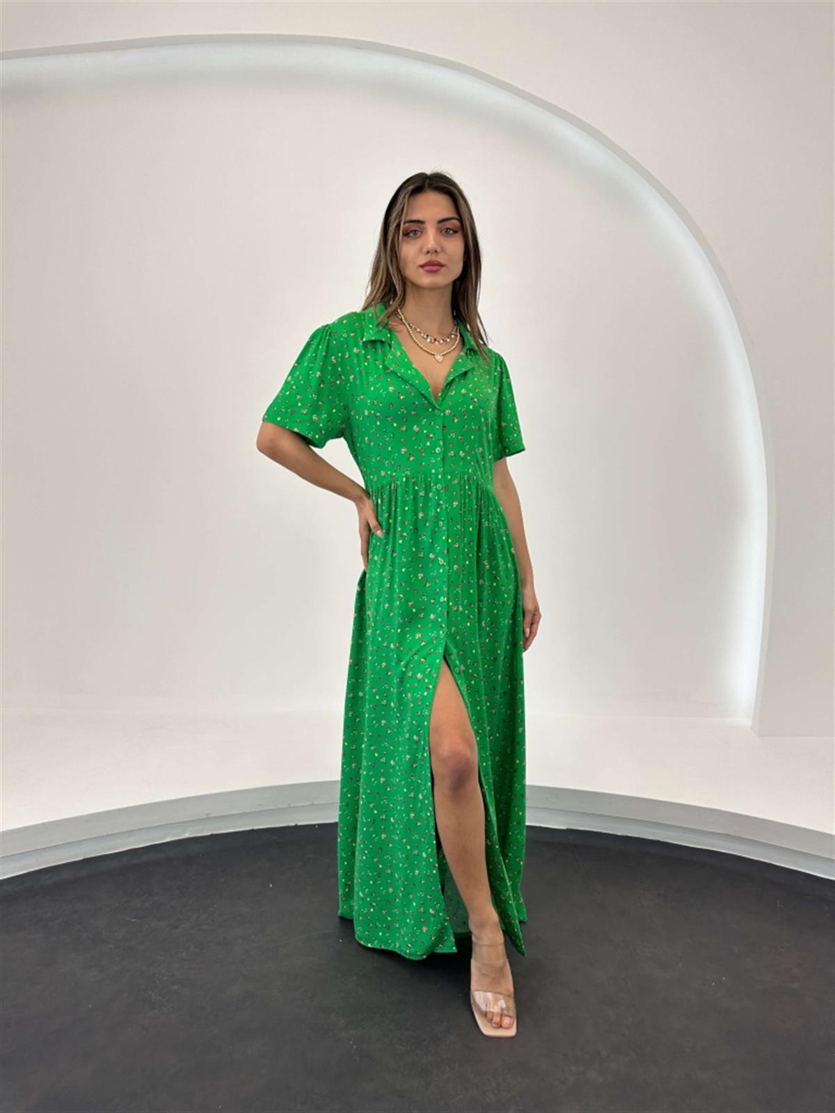 Yeşil Çıtır Çiçekli Düğmeli Elbise