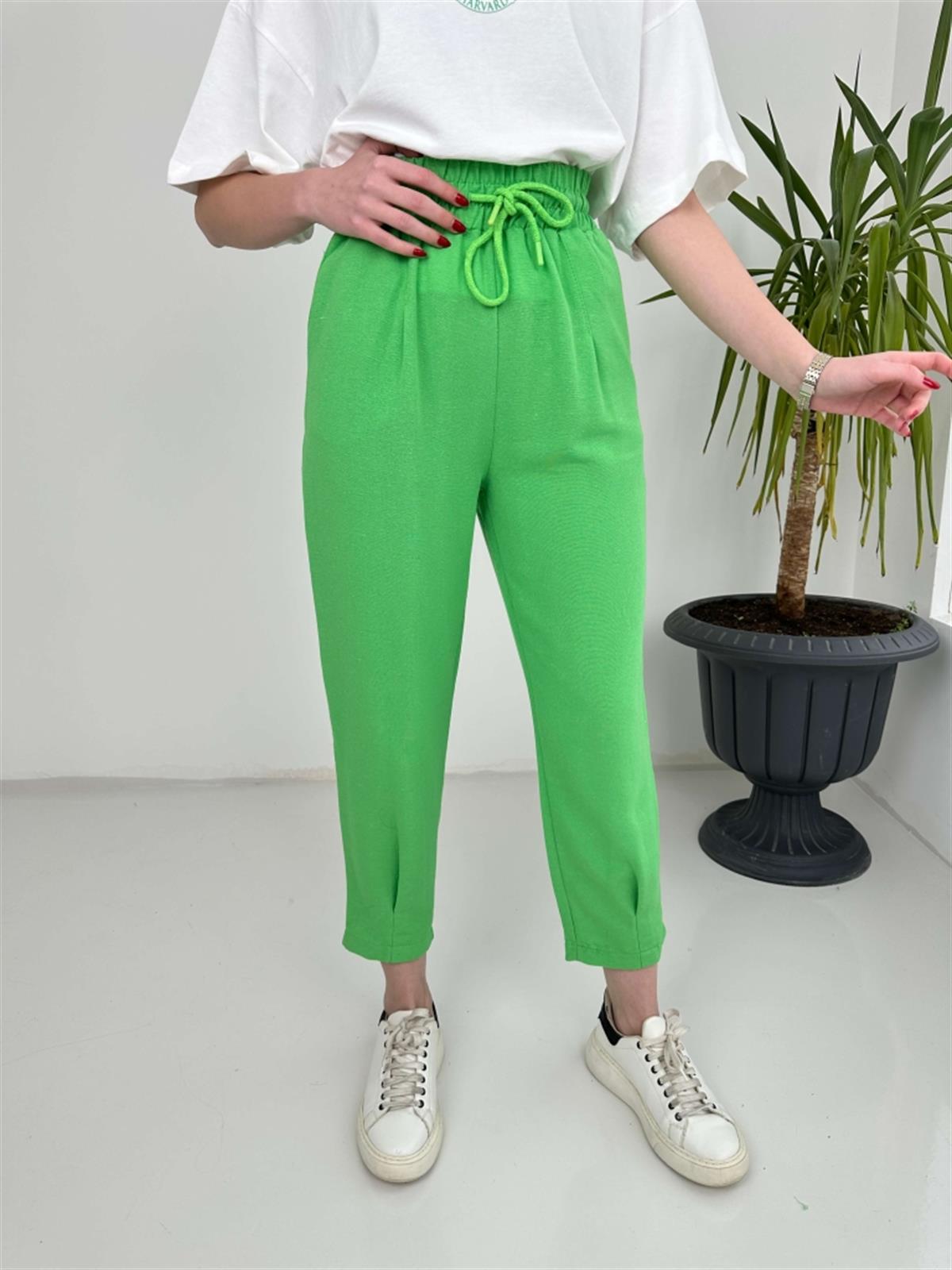 Yeşil Keten Pilili Pantolon