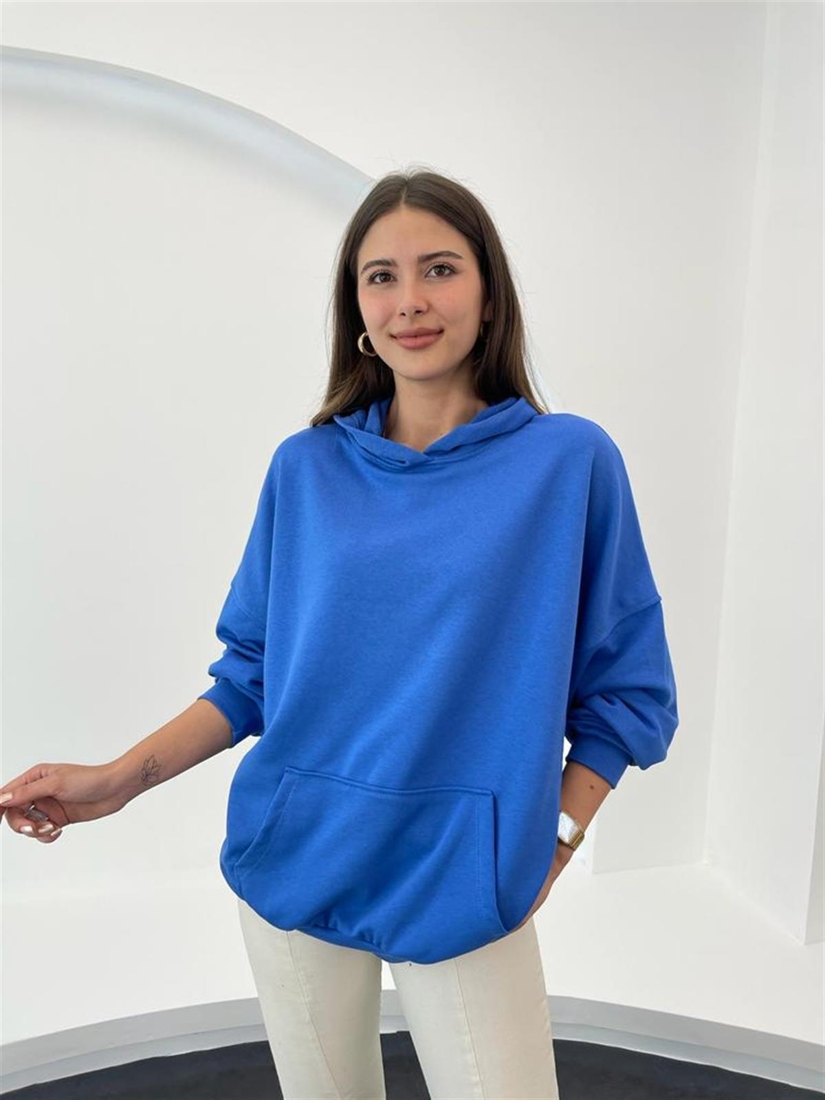 Mavi Basic Kapşonlu Sweatshirt