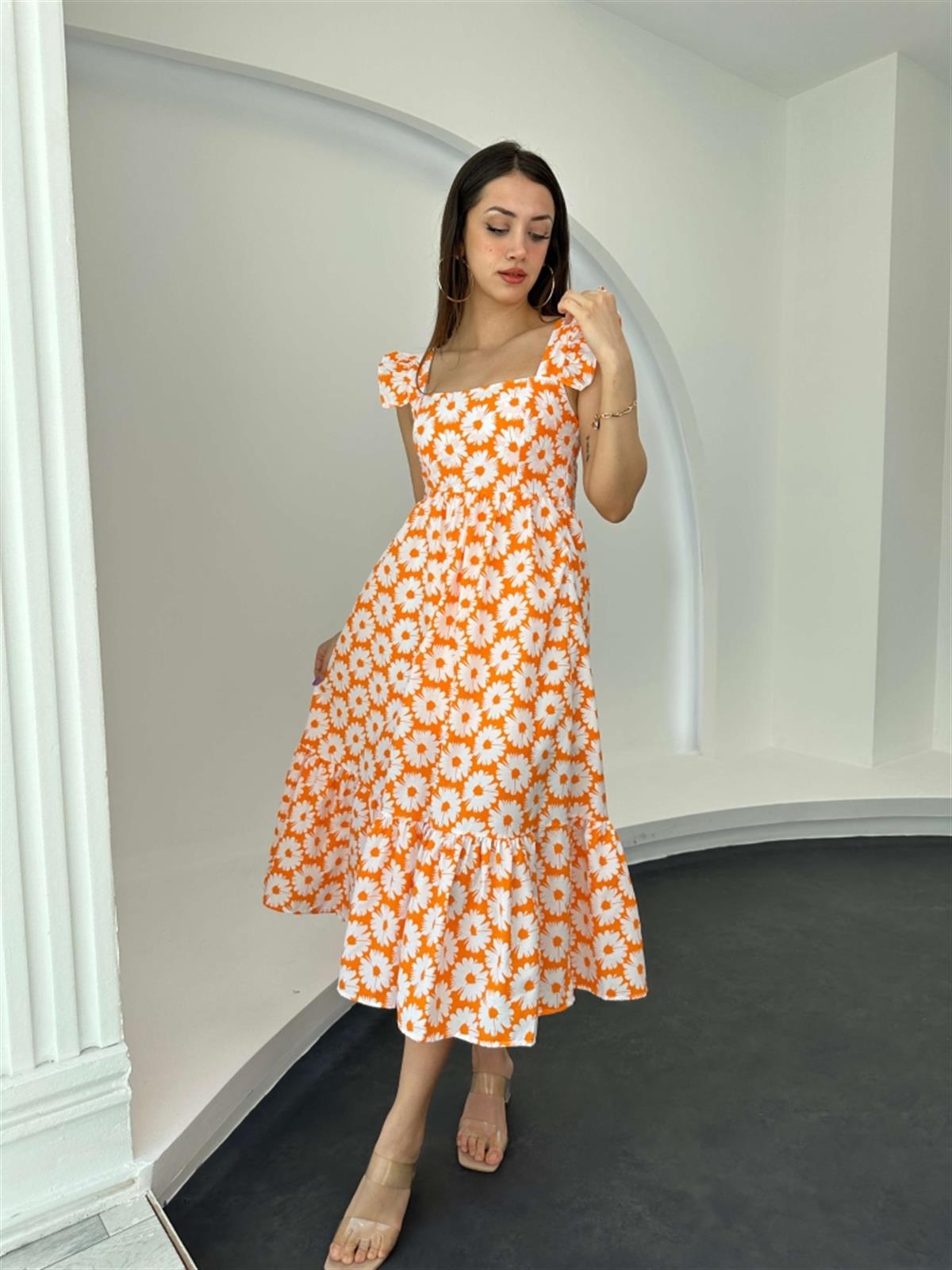 Orange Kolları Fırfırlı Papatya Elbise