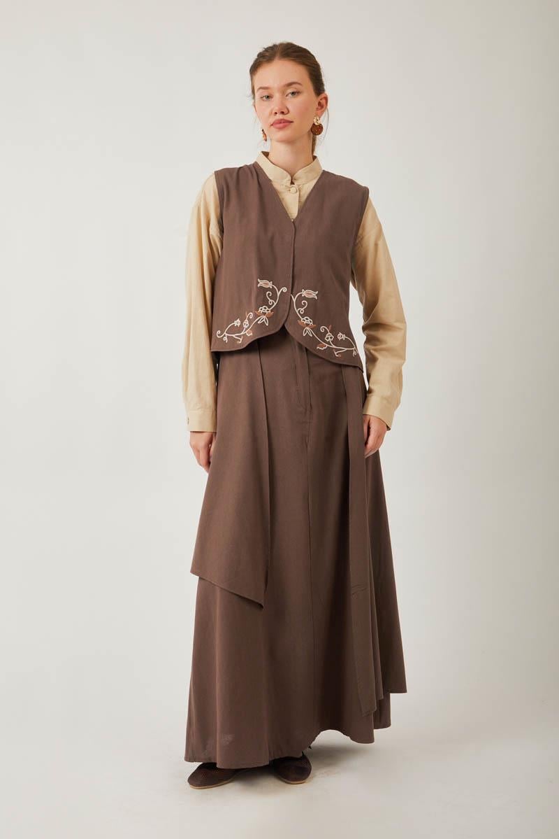  Asimetrik Etekli Yelek Takım Kahverengi