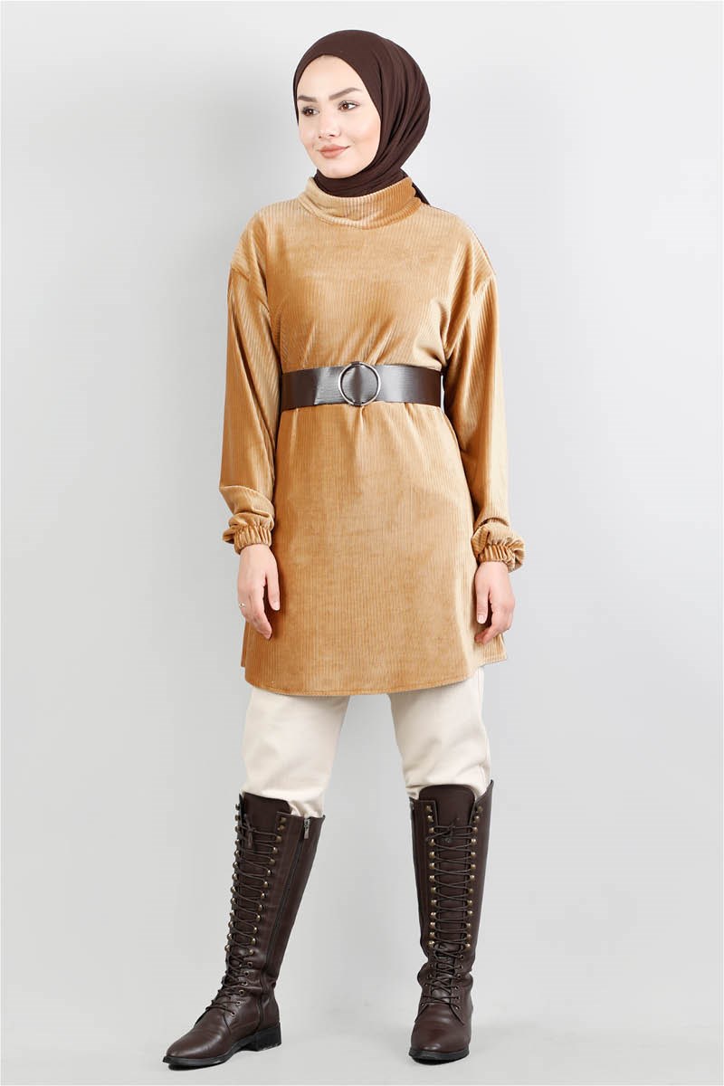 1098 Kadife Kemerli Camel Tunik