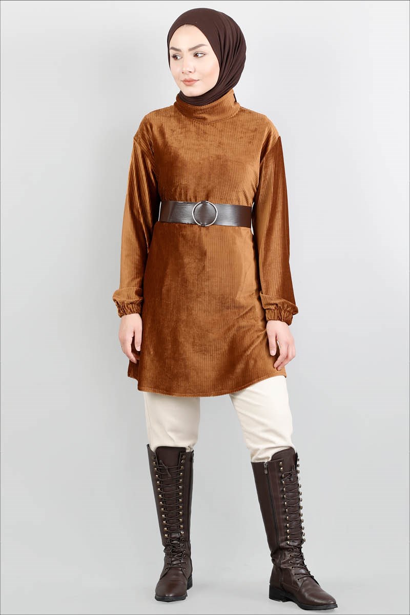 1098 Kadife Kemerli Taba Tunik
