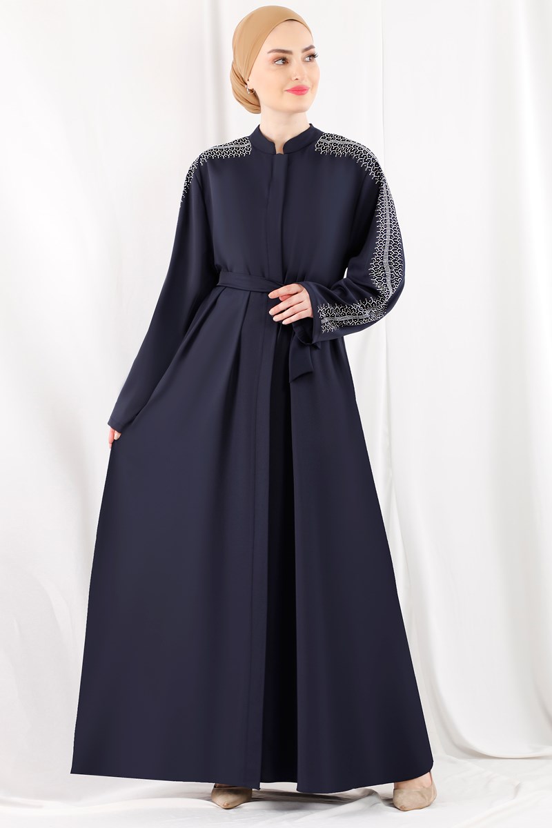 1347 Kolları Taş Detaylı Lacivert Abaya