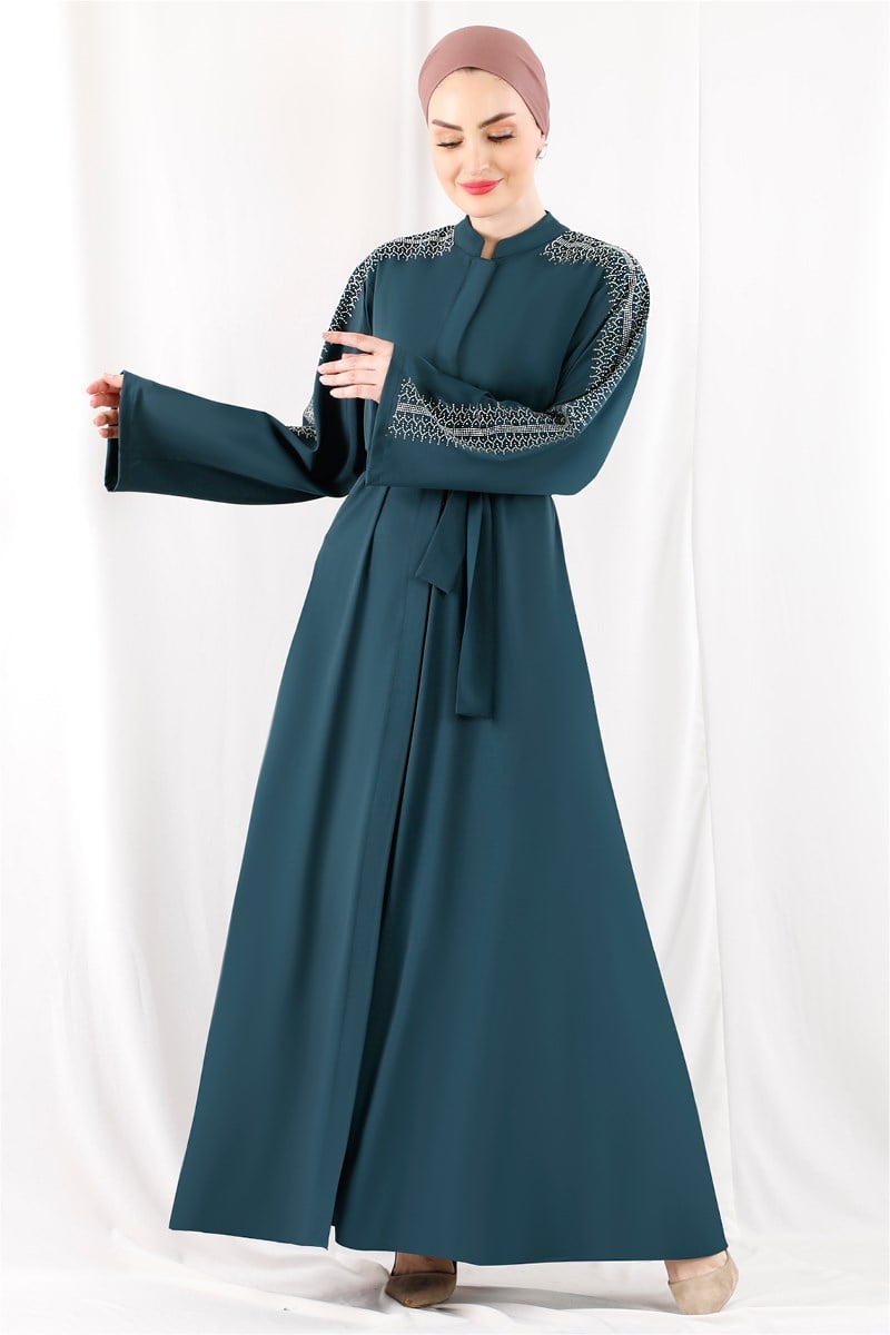 1347 Kolları Taş Detaylı Petrol Abaya
