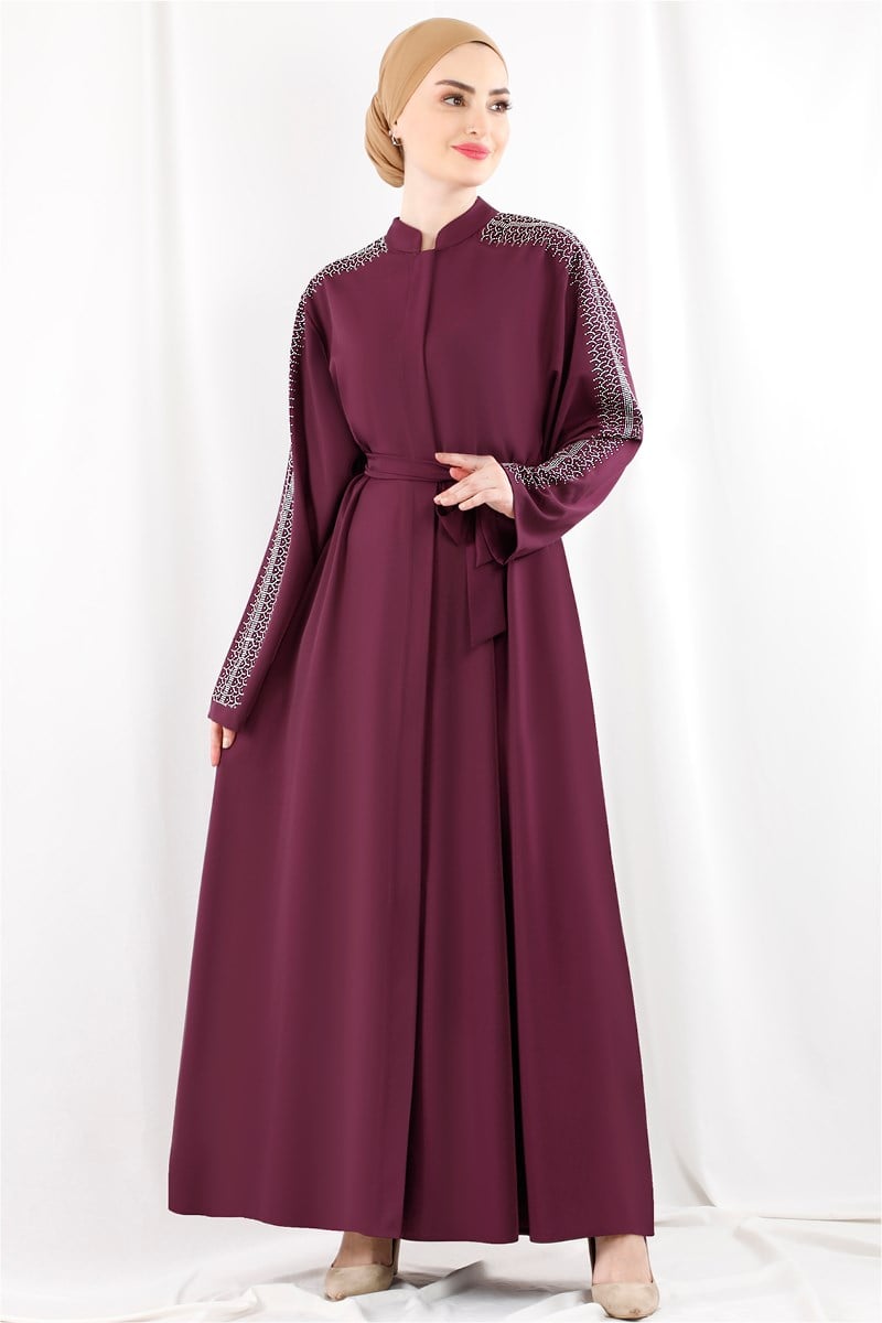 1347 Kolları Taş Detaylı Şarabi Abaya