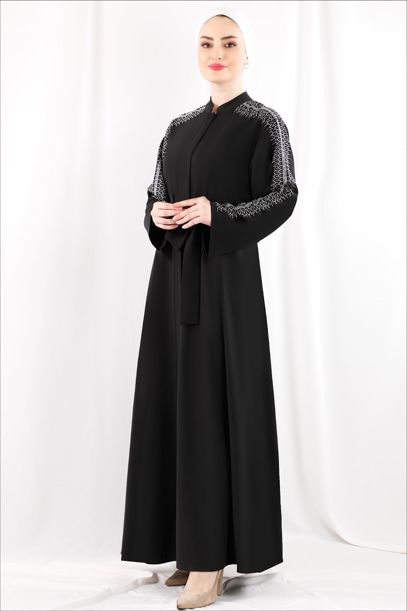 1347 Kolları Taş Detaylı Siyah Abaya