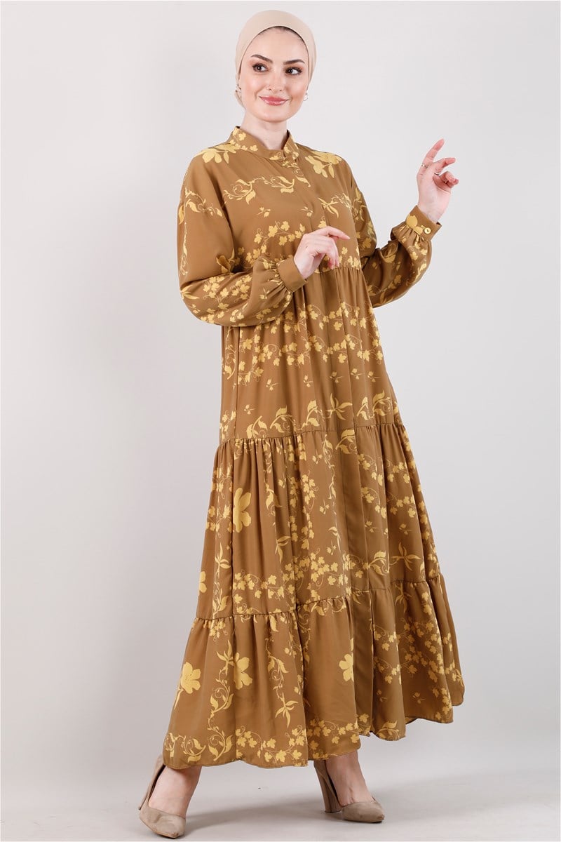 1361 Bahar Desenli Koyu Hardal Elbise