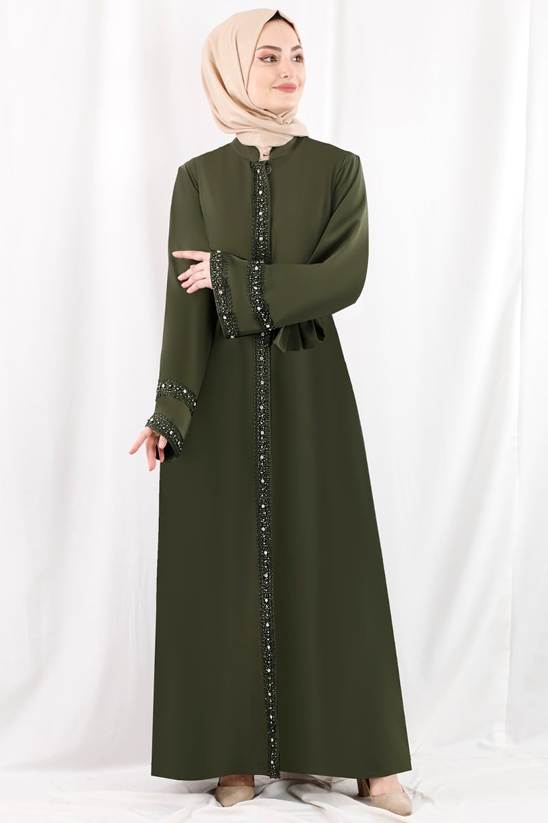 1365 Taşlı Dantel Şeritli Haki Abaya