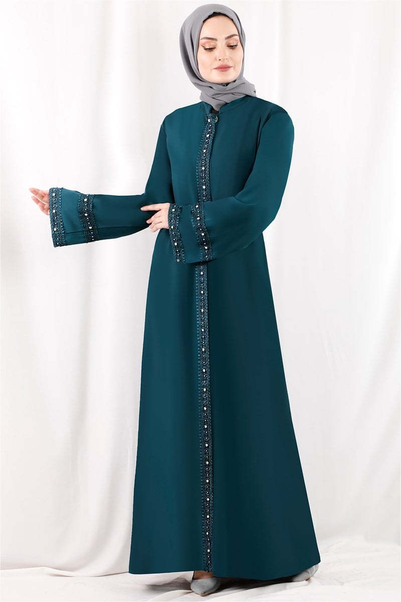 1365 Taşlı Dantel Şeritli Petrol Abaya