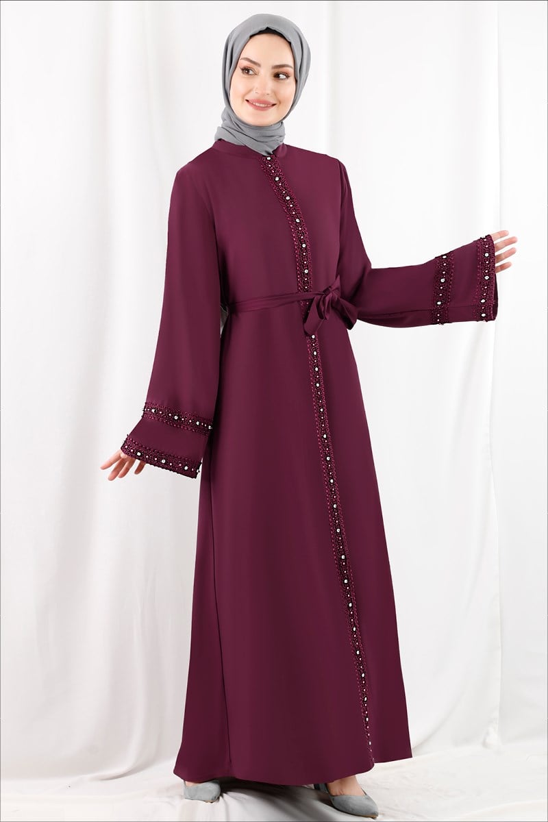 1365 Taşlı Dantel Şeritli Şarabi Abaya