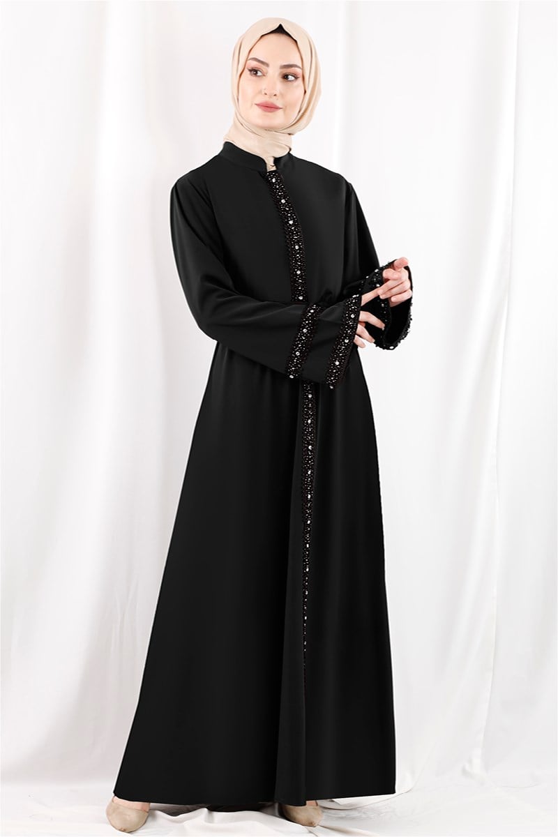 1365 Taşlı Dantel Şeritli Siyah Abaya