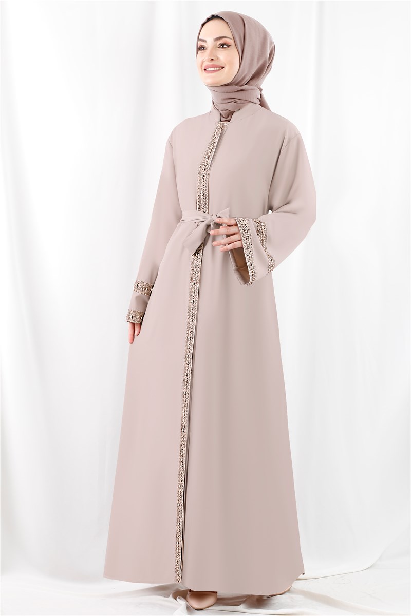 1365 Taşlı Dantel Şeritli Vizon Abaya
