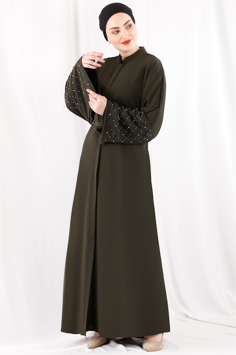 1368 Kolları Taş İşlemeli Haki Abaya