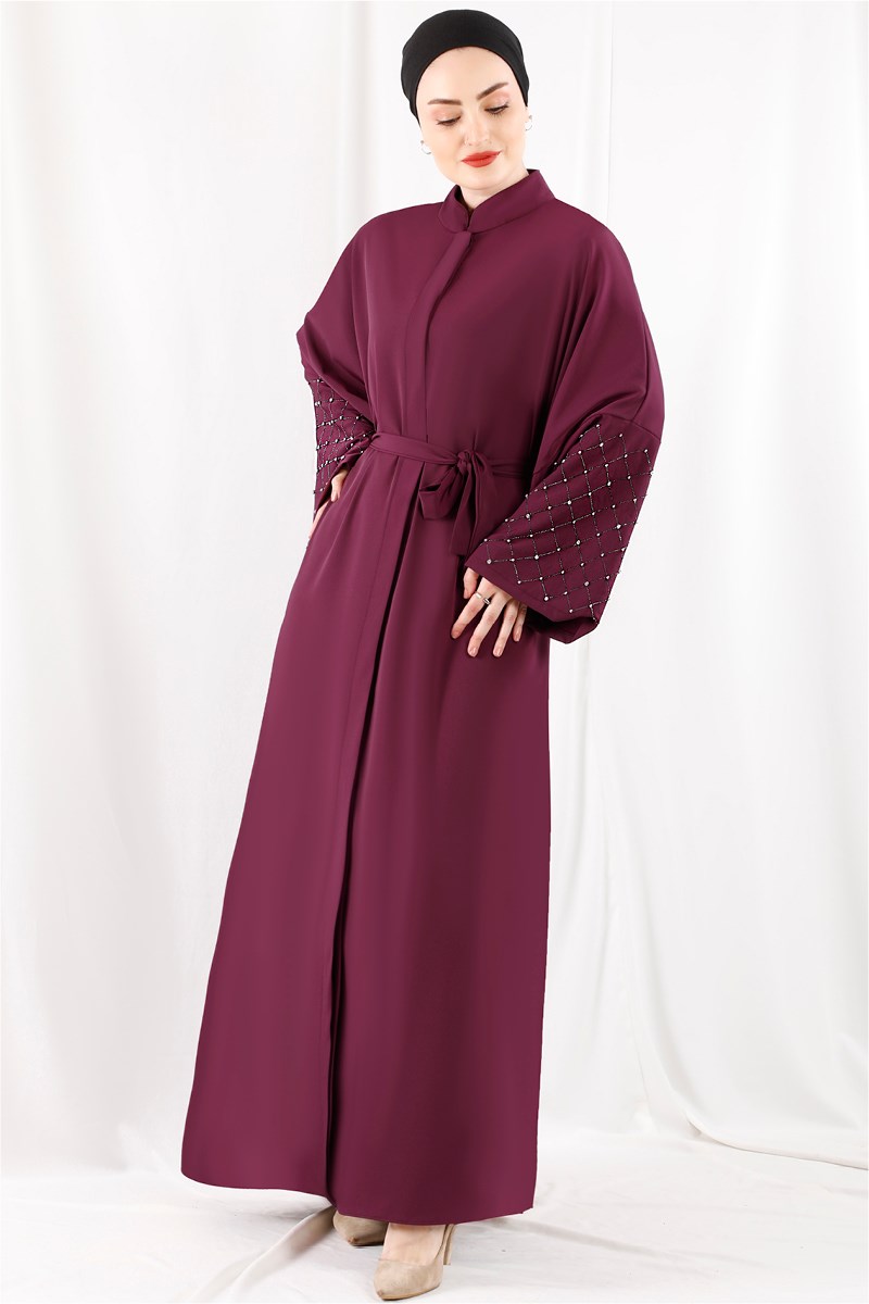 1368 Kolları Taş İşlemeli Mürdüm Abaya