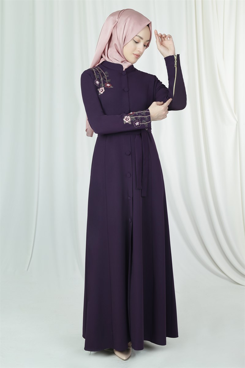 3205 Flora Nakışlı Mürdüm Ferace