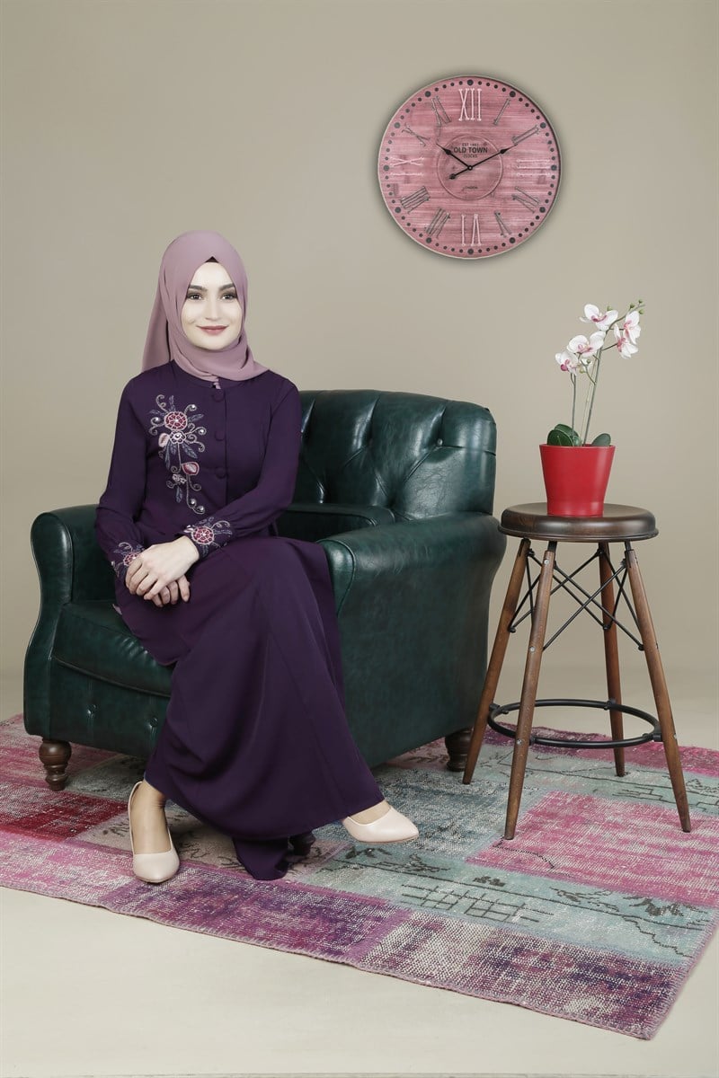 3214 Salkım Nakışlı Mürdüm Ferace