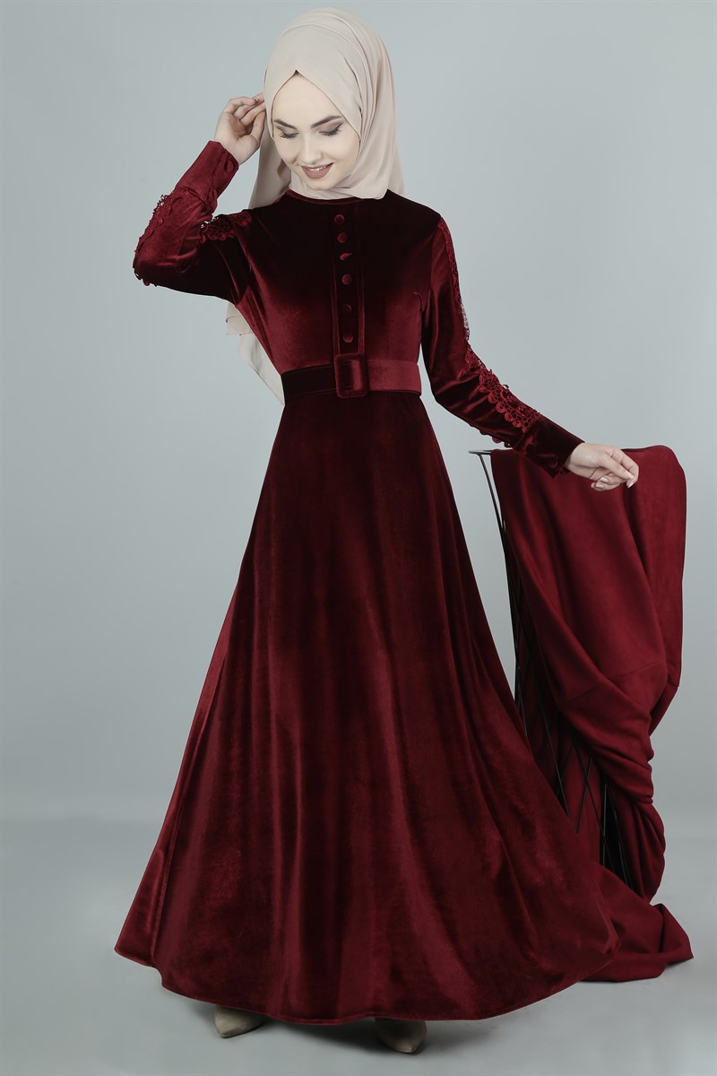 3401 Dantelli Bordo Kadife Elbise