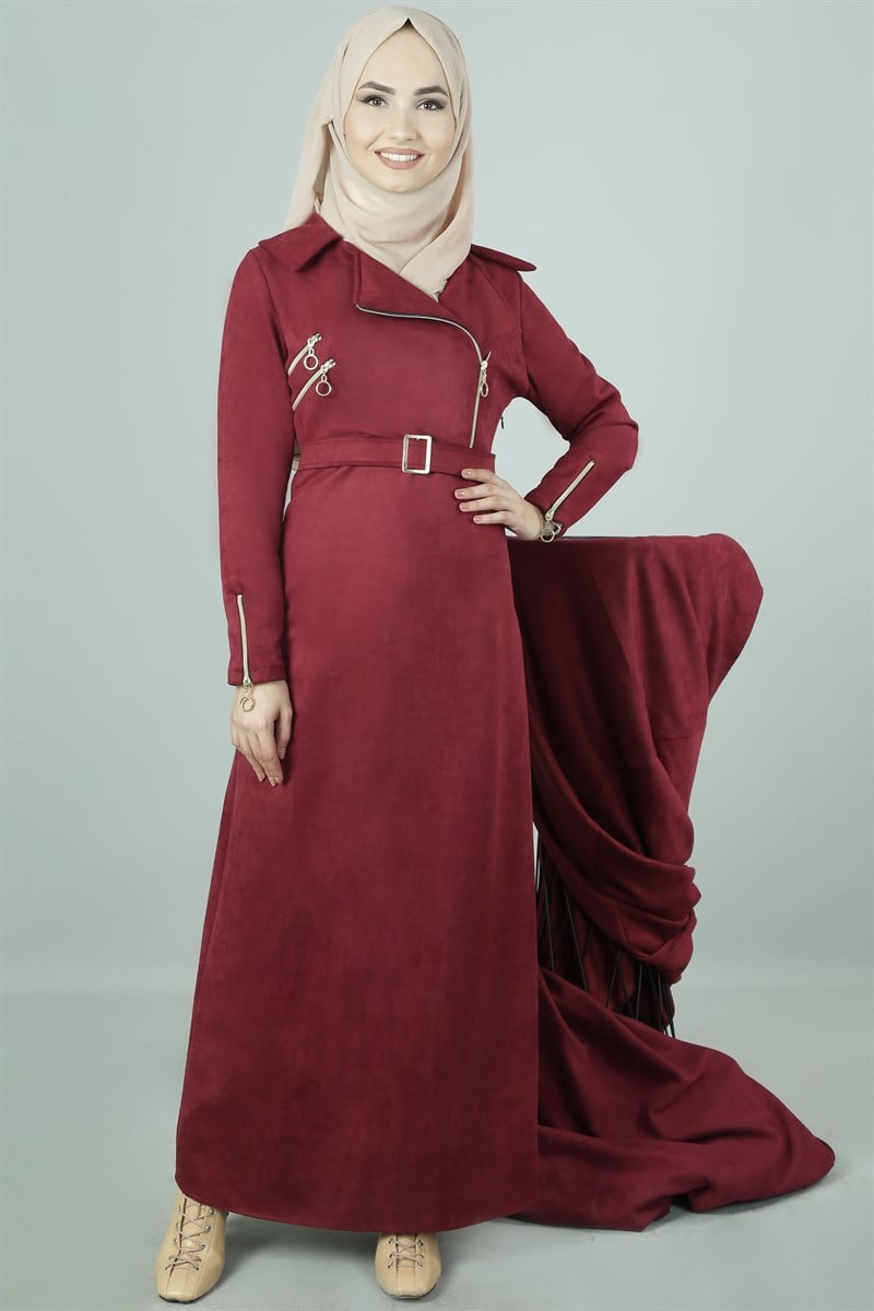 3407 Fermuarlı Şarabi Elbise