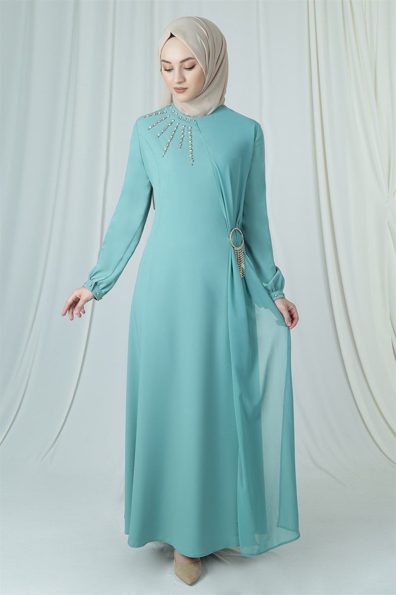 3660 Taş Tokalı Mint Elbise