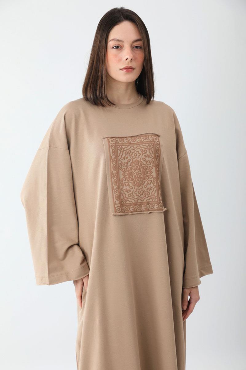 Anadolu Desen Baskılı Sweat Elbise Camel