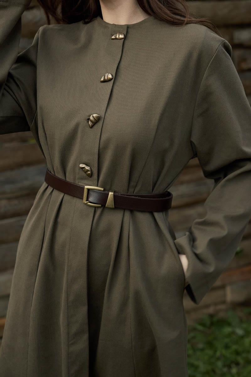 Antik Düğmeli Gabardin Elbise Haki